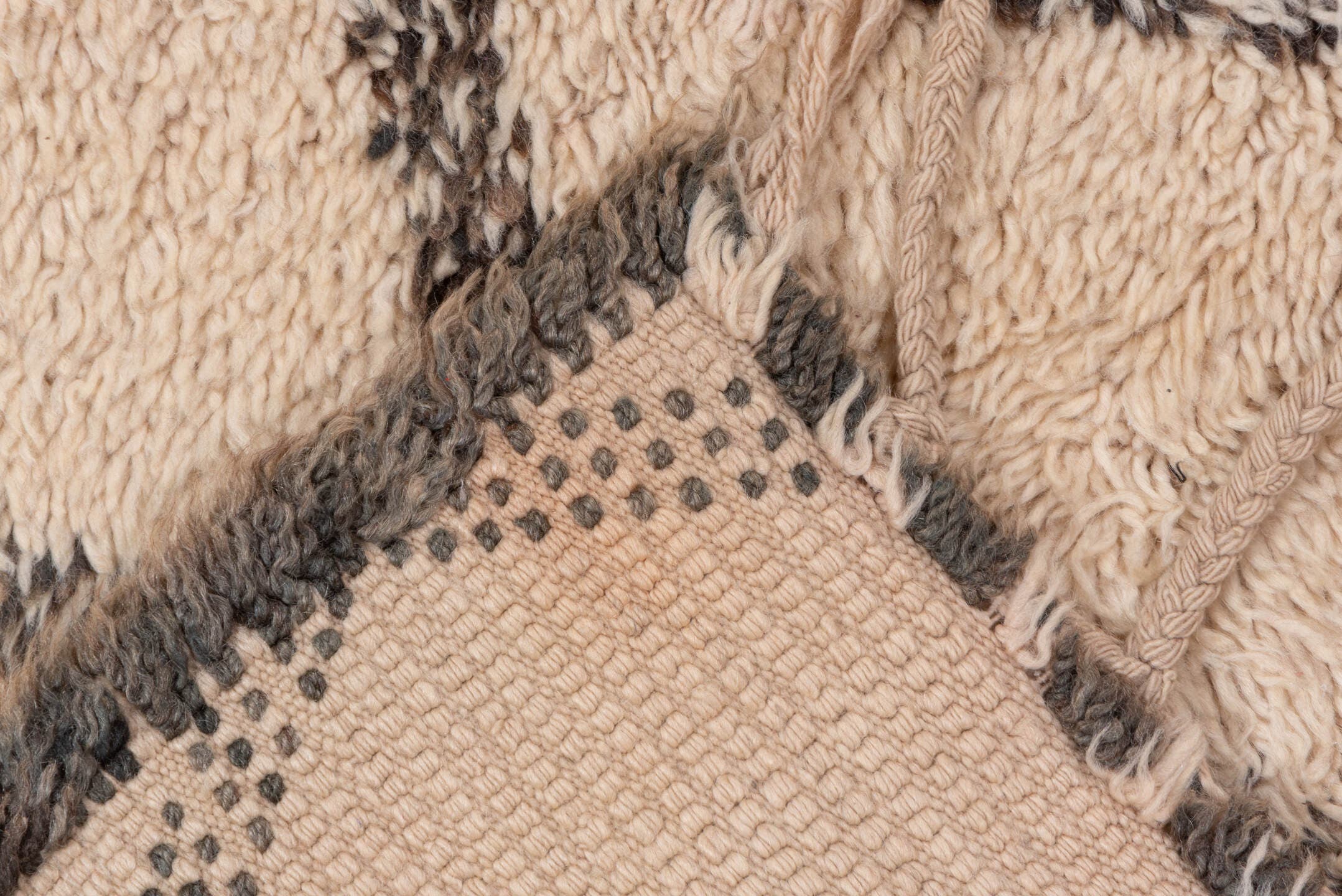 6' x 11' one-of-a-kind handmade antique Moroccan large size rug. Color palette: ivory, charcoal, cream, taupe, gray, black