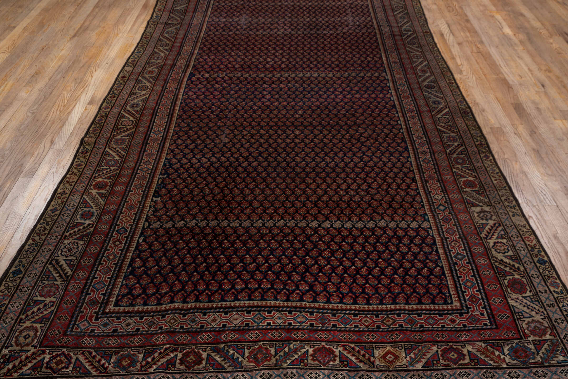 10' x 13' one-of-a-kind handmade vintage Afghan large size rug. Color palette: burgundy, ivory, navy, rust, camel, taupe