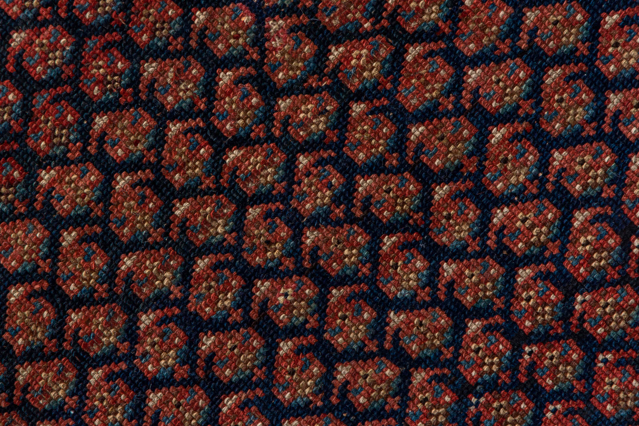 10' x 13' one-of-a-kind handmade vintage Afghan large size rug. Color palette: burgundy, ivory, navy, rust, camel, taupe