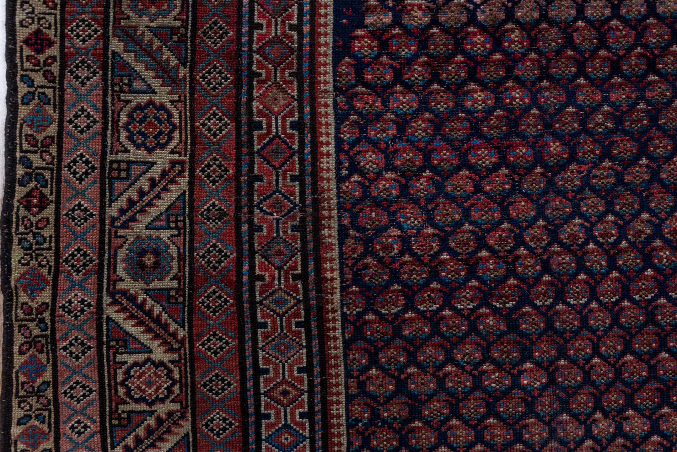 10' x 13' one-of-a-kind handmade vintage Afghan large size rug. Color palette: burgundy, ivory, navy, rust, camel, taupe