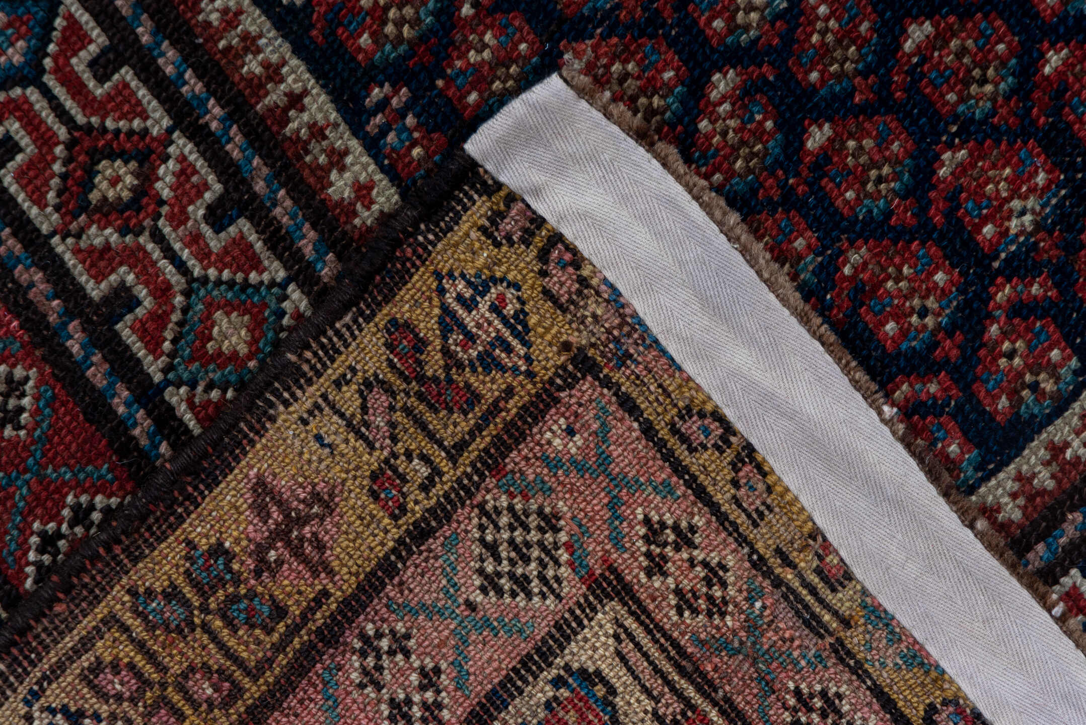 10' x 13' one-of-a-kind handmade vintage Afghan large size rug. Color palette: burgundy, ivory, navy, rust, camel, taupe