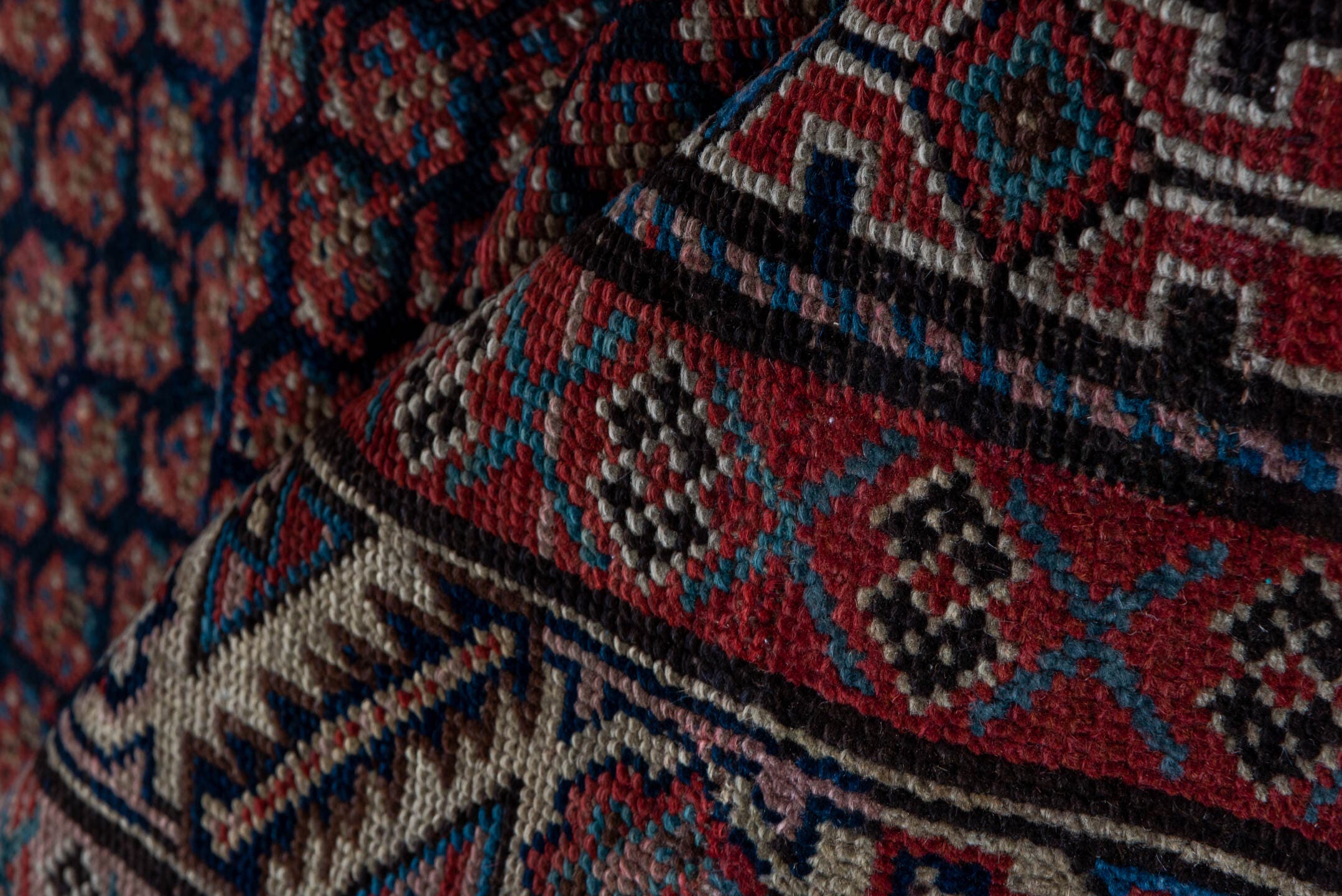 10' x 13' one-of-a-kind handmade vintage Afghan large size rug. Color palette: burgundy, ivory, navy, rust, camel, taupe