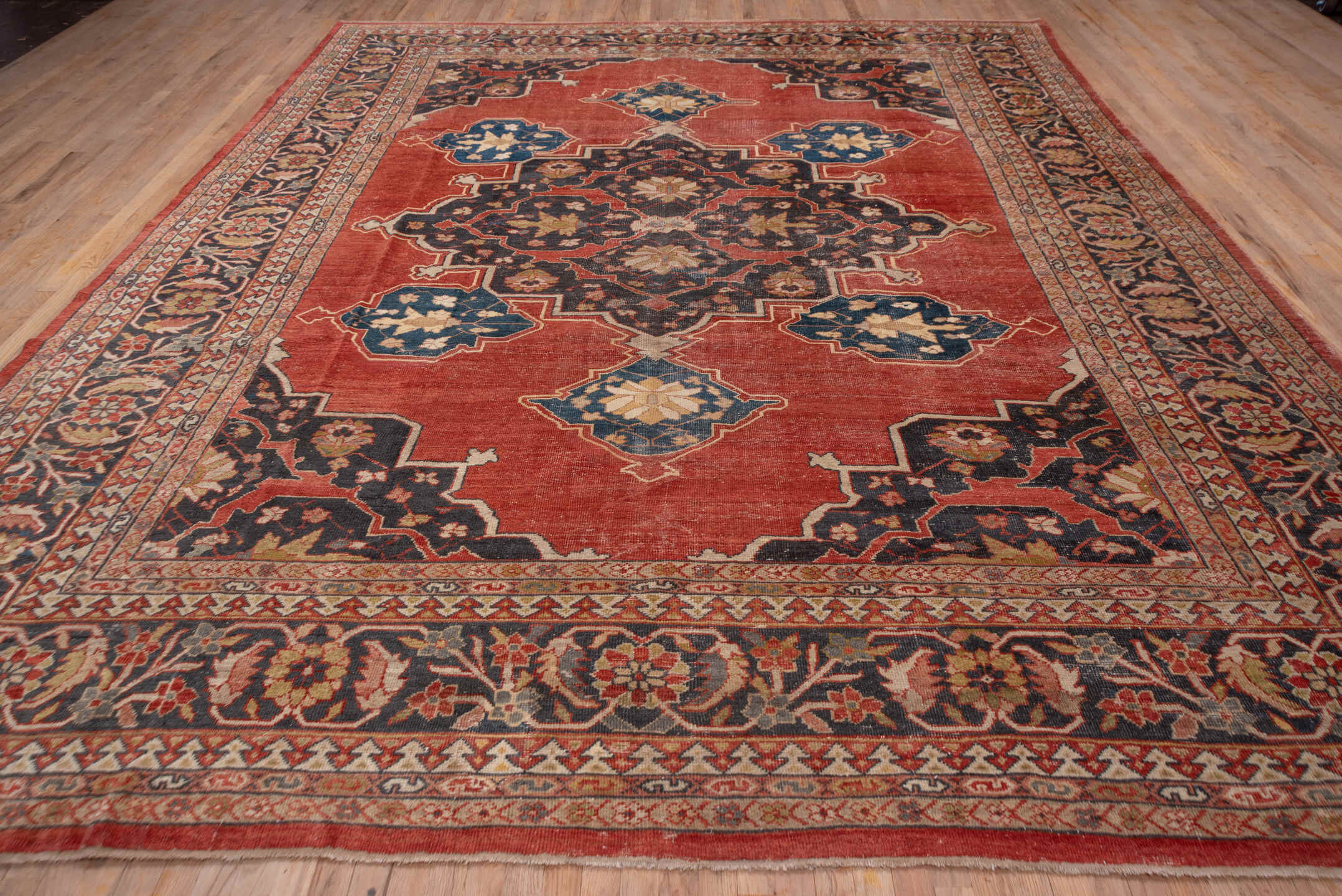 12' x 15' one-of-a-kind handmade vintage Kilim oversize rug. Color palette: terracotta, navy, ivory, camel, rust, slate