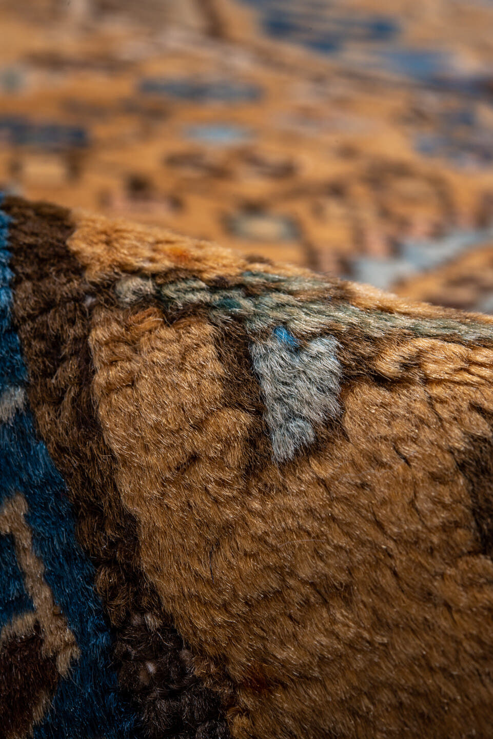 2' x 11' one-of-a-kind handmade vintage Heriz runner rug. Color palette: camel, blue, ivory, rust, taupe, brown, beige
