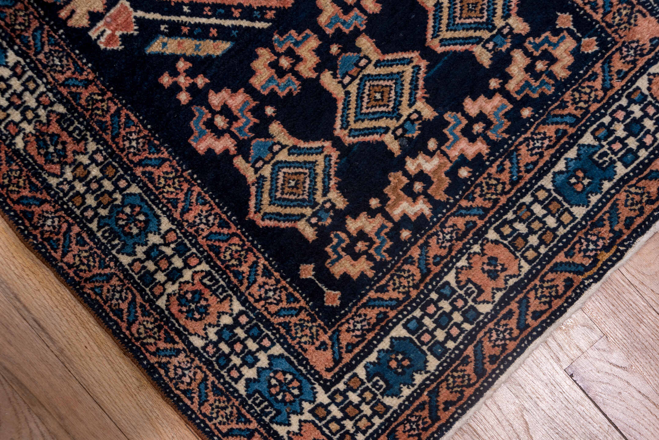 12' x 18' one-of-a-kind handmade vintage Kilim oversize rug. Color palette: navy, ivory, sky blue, terracotta, camel, rust