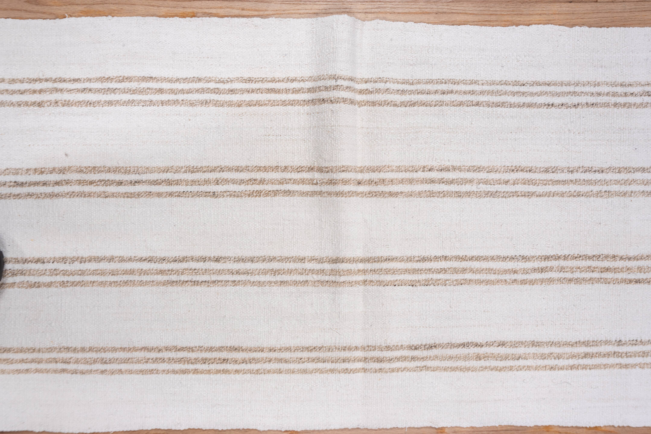 2' x 14' one-of-a-kind handmade vintage Flatweave runner rug. Color palette: brown, gainsboro, gray, light gray, linen