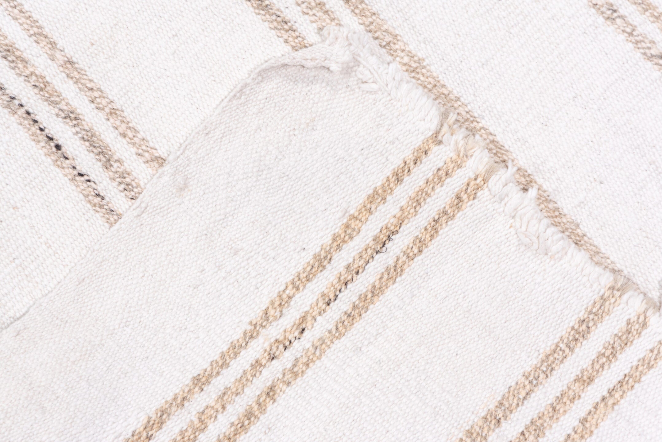2' x 14' one-of-a-kind handmade vintage Flatweave runner rug. Color palette: ivory, tan, beige