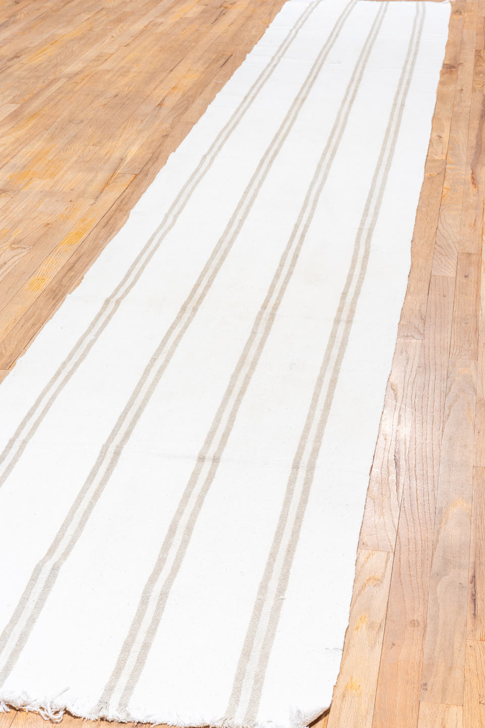 2' x 15' one-of-a-kind handmade antique Flatweave runner rug. Color palette: ivory, taupe, cream, beige, gray