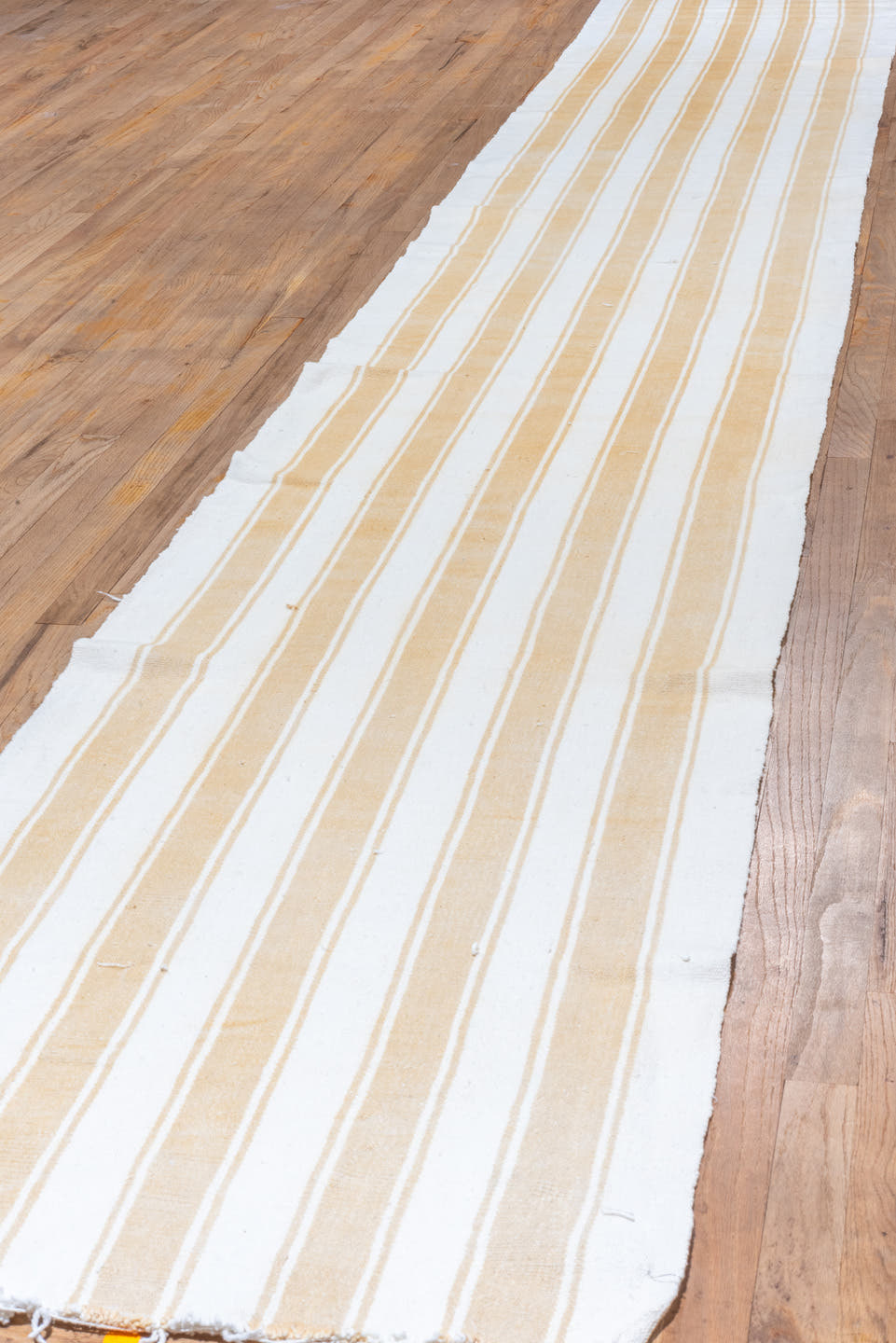 2' x 19' one-of-a-kind handmade antique Flatweave runner rug. Color palette: ivory, cream, camel, beige