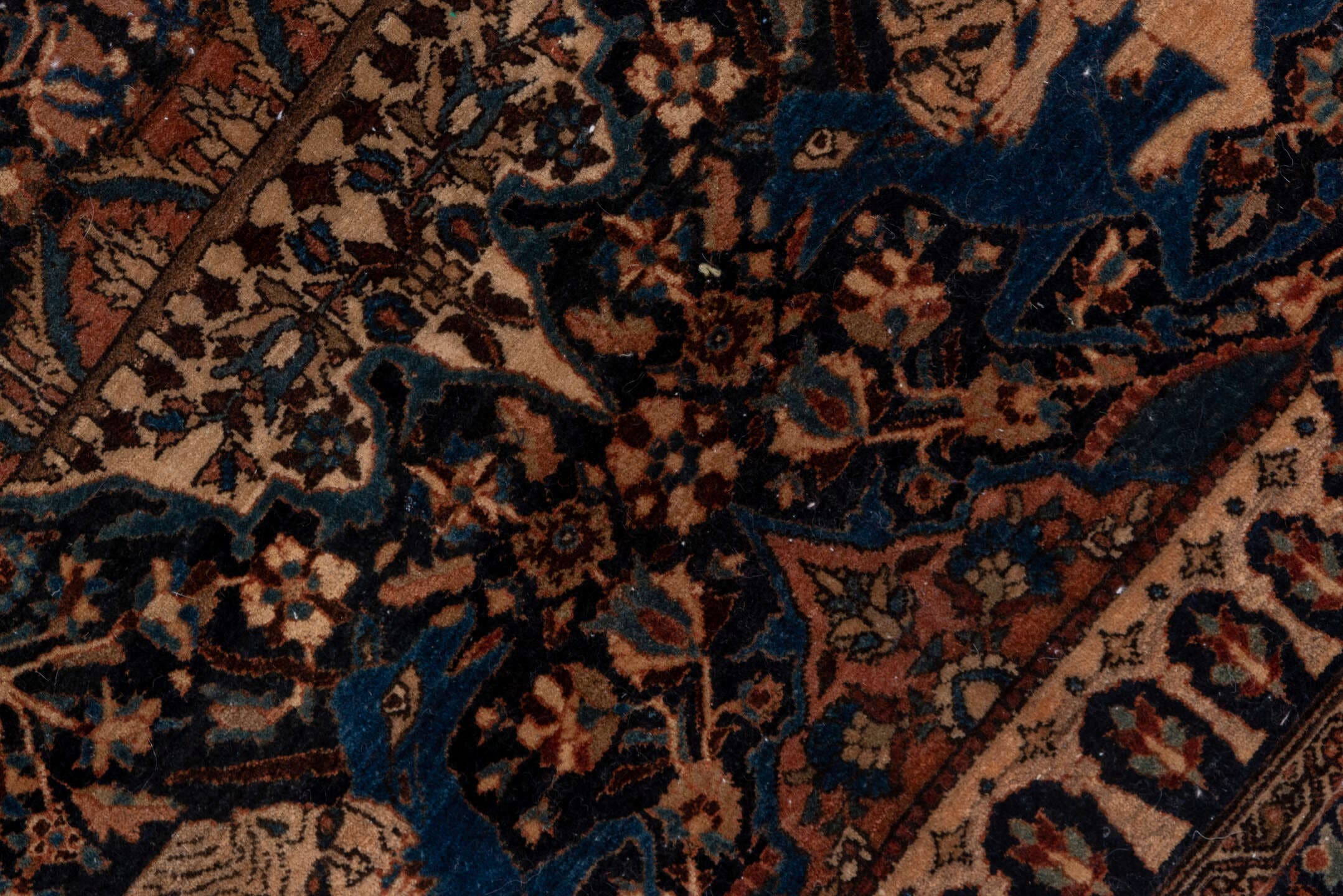 10' x 14' one-of-a-kind handmade vintage Kilim large size rug. Color palette: navy, camel, ivory, slate blue, taupe, brown