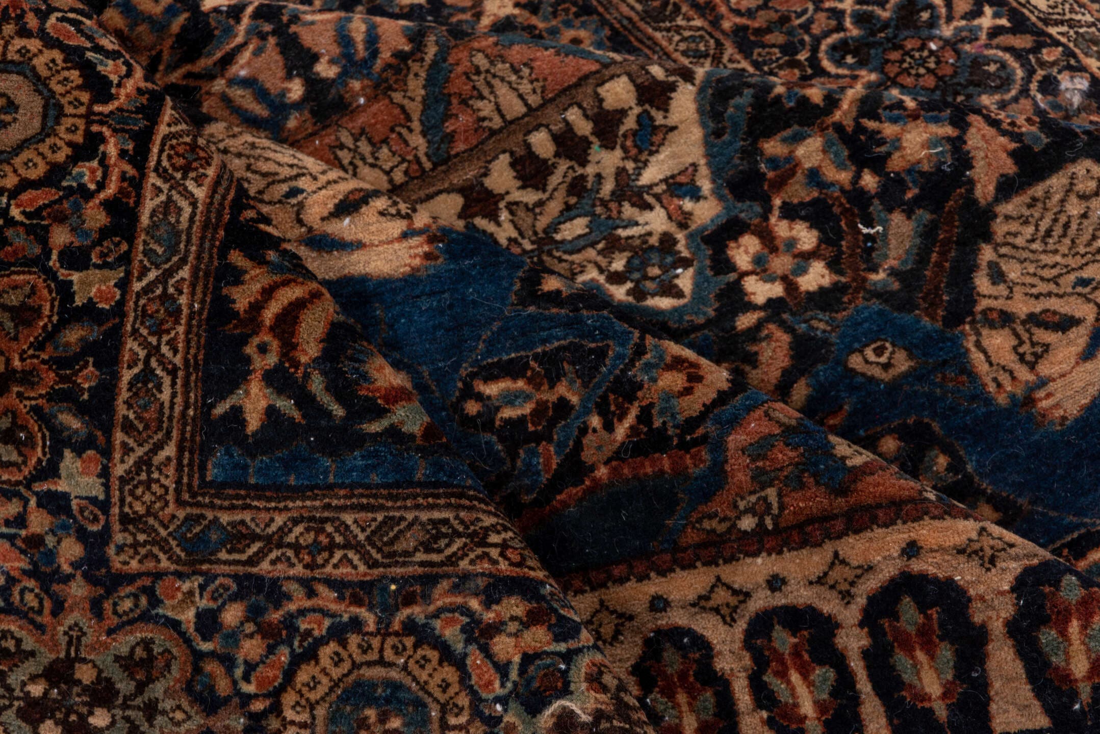 10' x 14' one-of-a-kind handmade vintage Kilim large size rug. Color palette: navy, camel, ivory, slate blue, taupe, brown