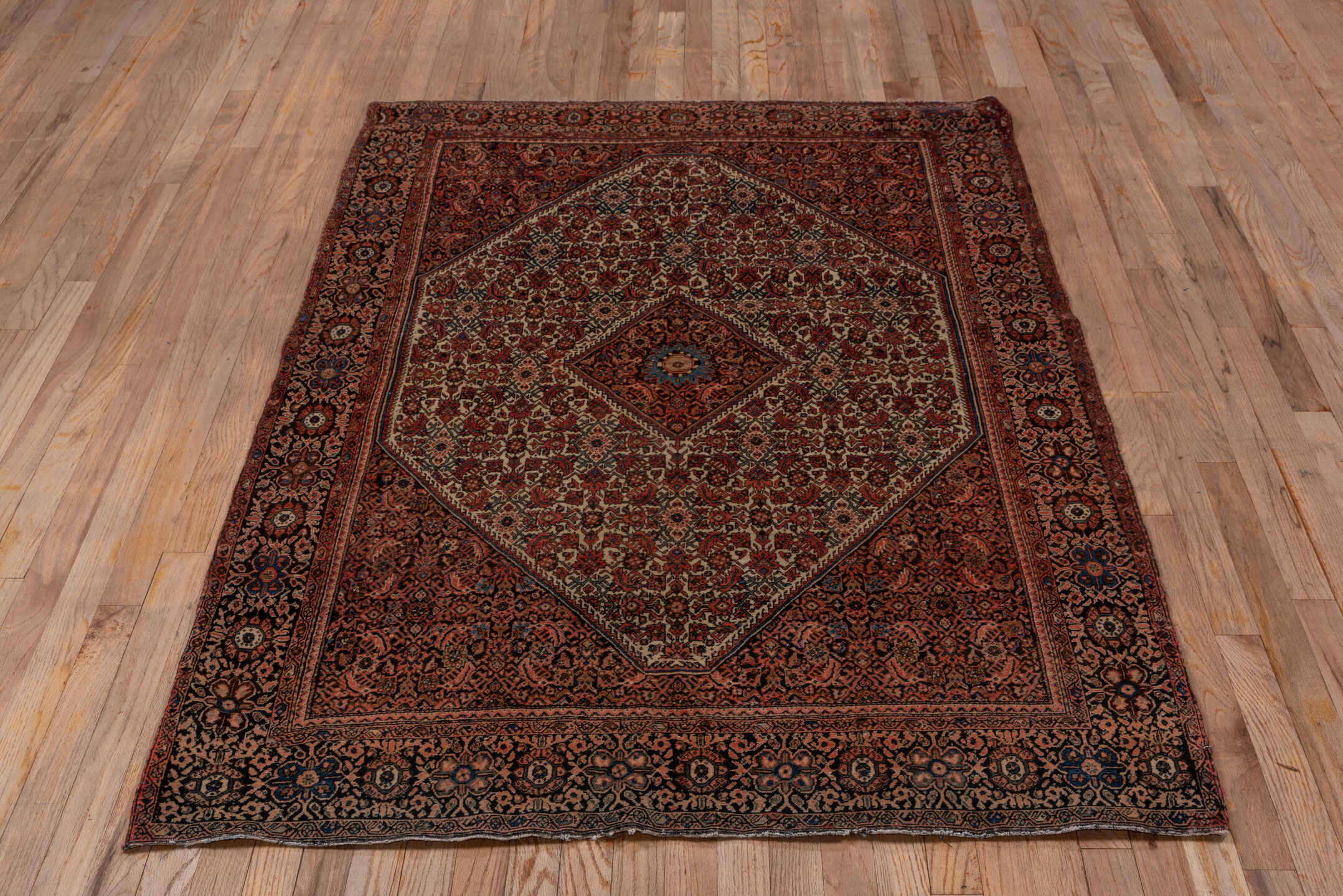 4' x 6' one-of-a-kind handmade vintage Far.Sarouk small size rug. Color palette: black, brown, gray, pink, red