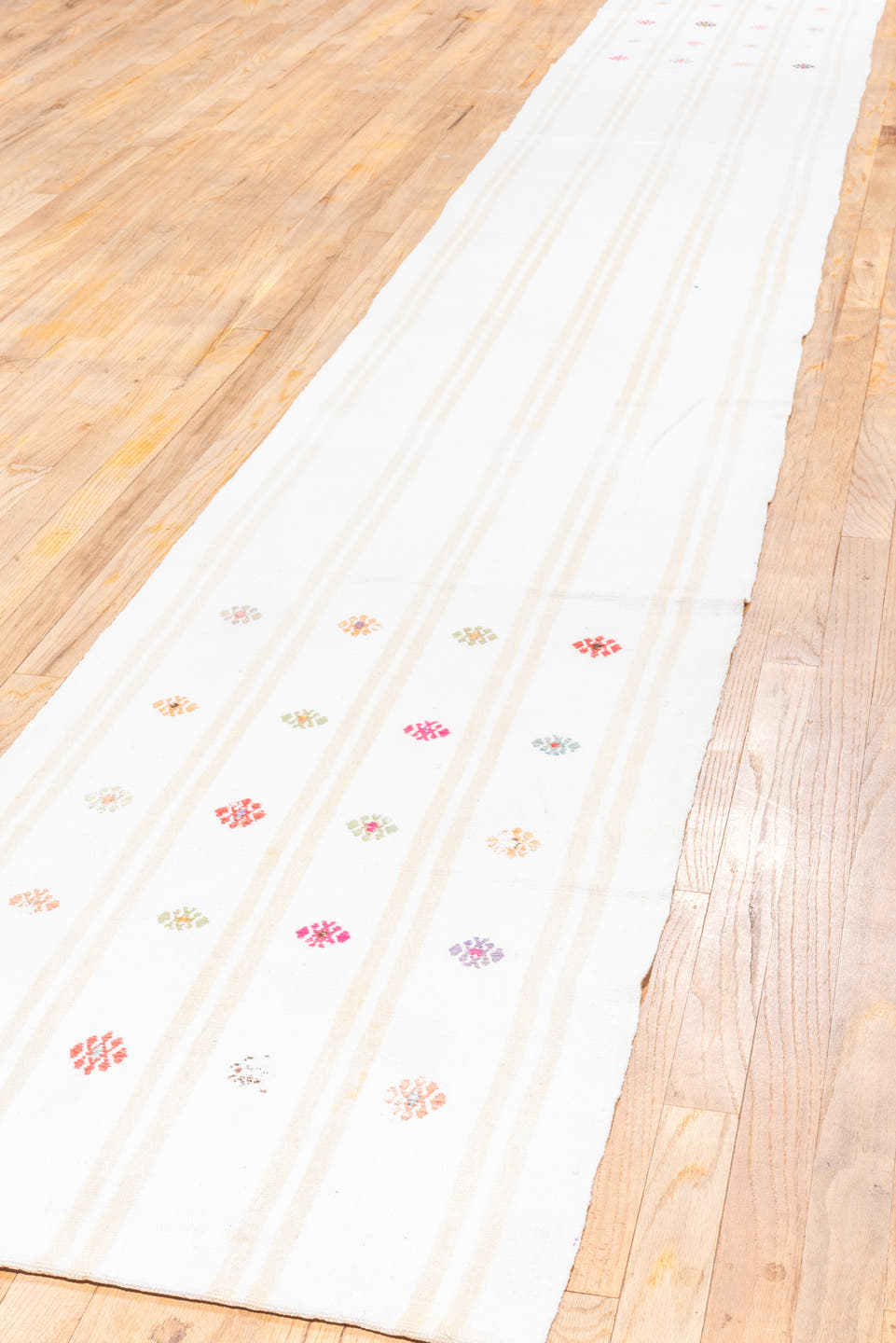 2' x 16' one-of-a-kind handmade antique Flatweave runner rug. Color palette: ivory, cream, rose, rust, gold, taupe, sky blue