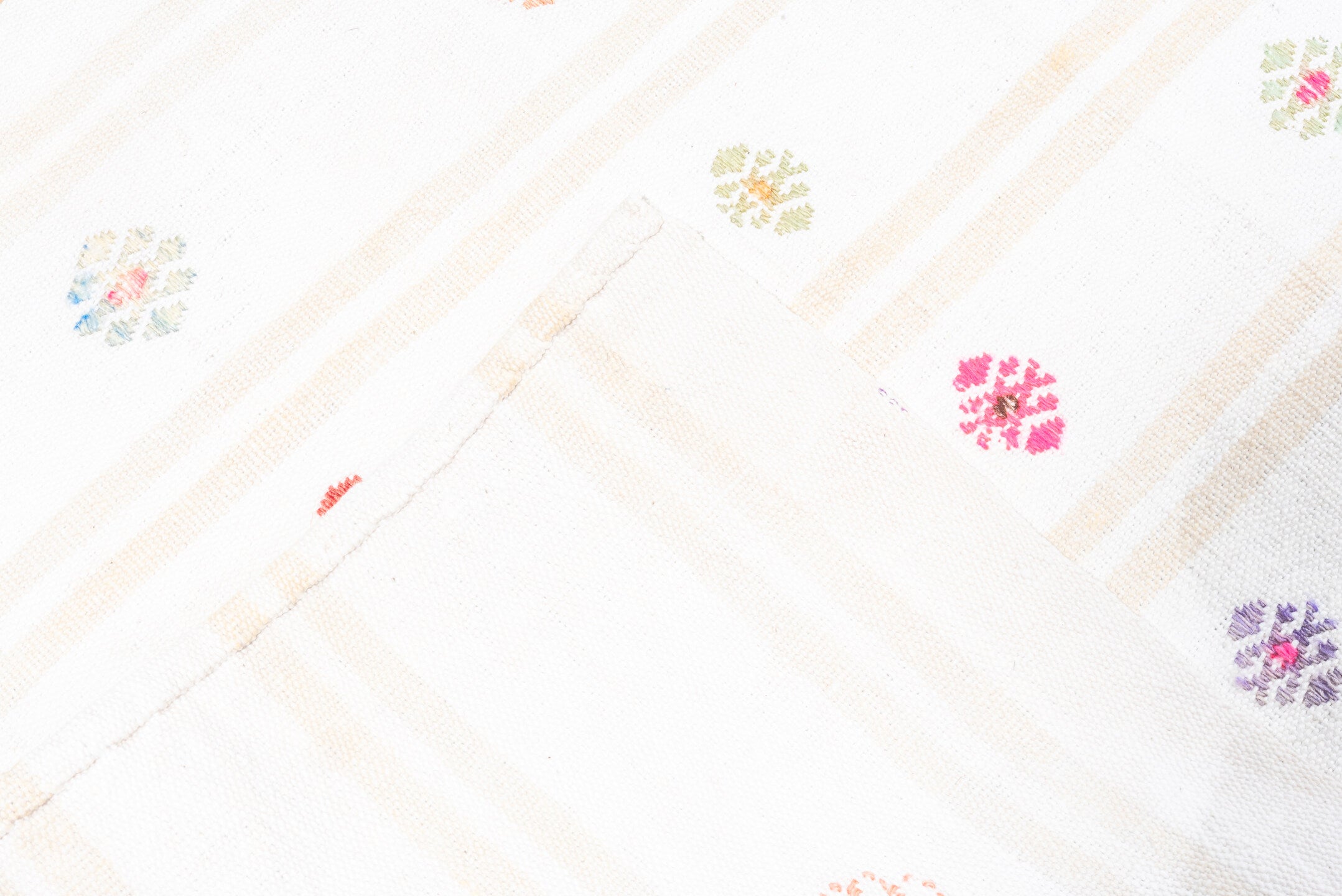 2' x 16' one-of-a-kind handmade antique Flatweave runner rug. Color palette: ivory, cream, rose, rust, gold, taupe, sky blue