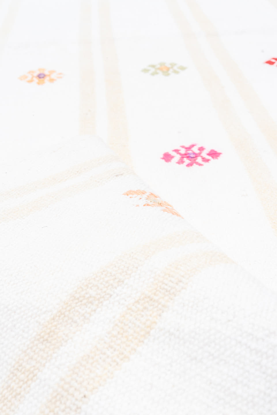 2' x 16' one-of-a-kind handmade antique Flatweave runner rug. Color palette: ivory, cream, rose, rust, gold, taupe, sky blue
