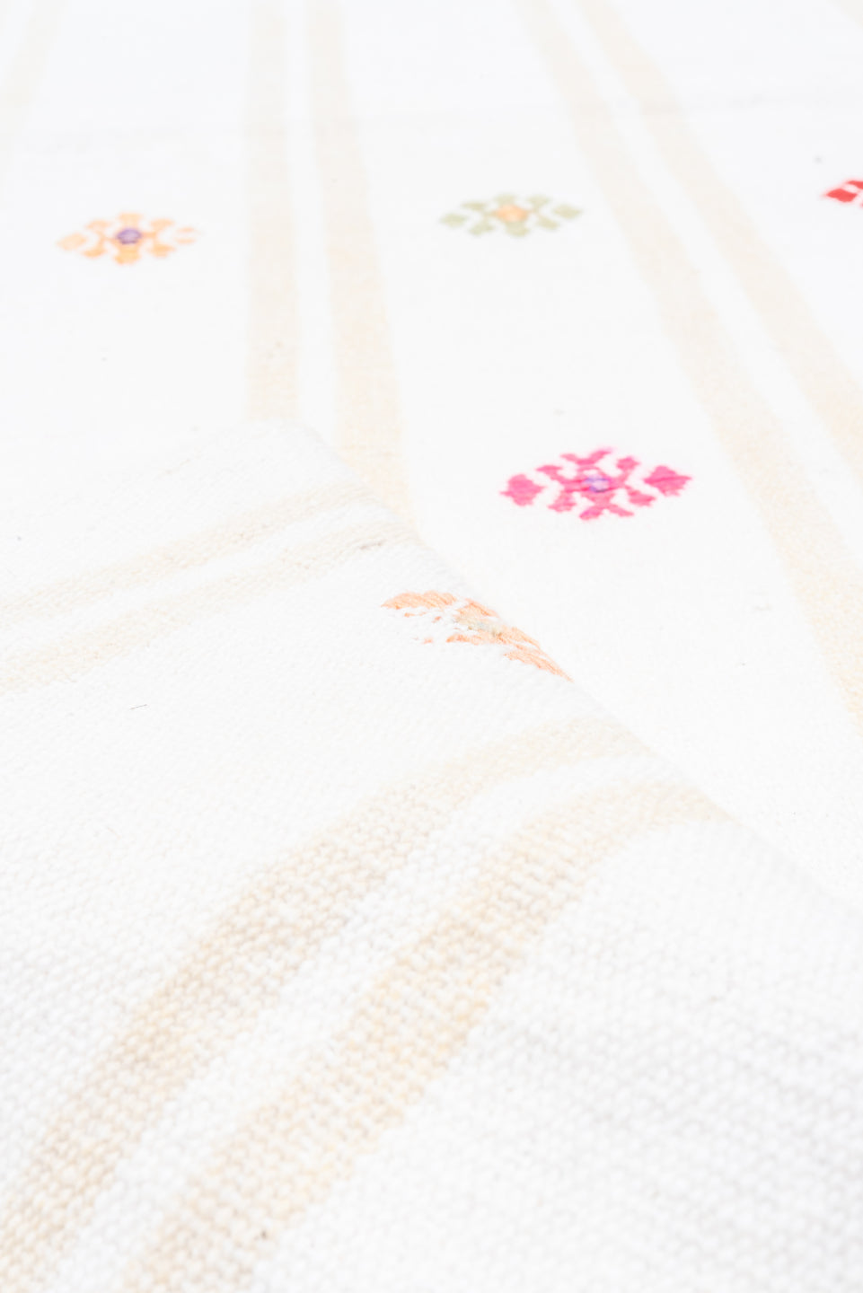 2' x 16' one-of-a-kind handmade antique Flatweave runner rug. Color palette: ivory, cream, rose, rust, gold, taupe, sky blue