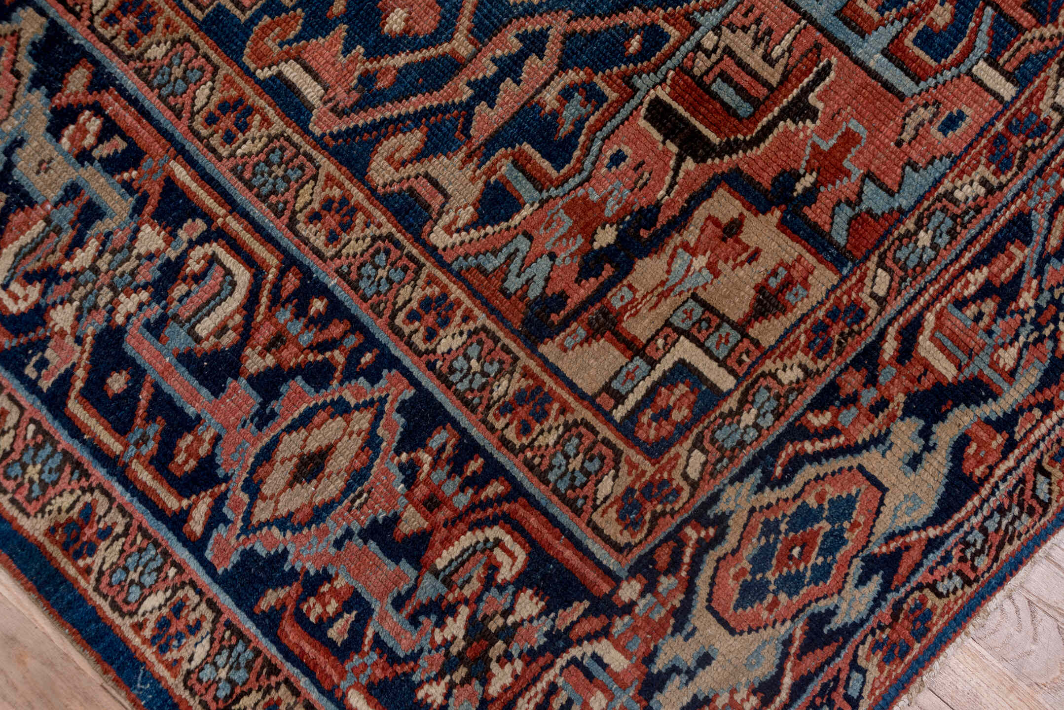 2' x 11' one-of-a-kind handmade vintage Tulu runner rug. Color palette: terracotta, navy, ivory, camel, slate blue, rust