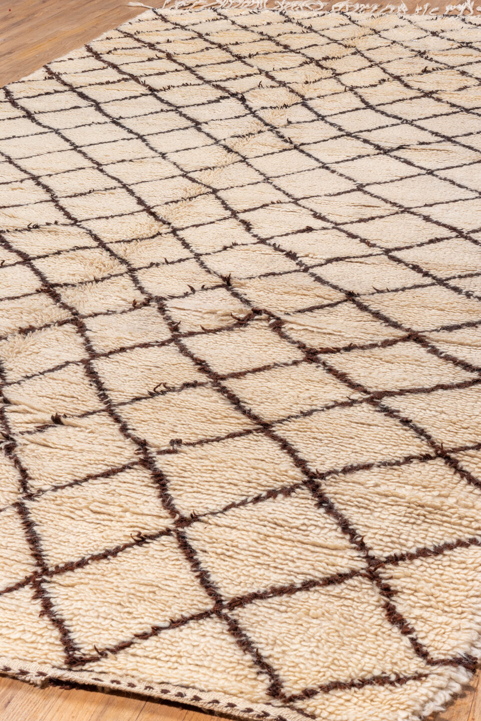 7' x 13' one-of-a-kind handmade vintage Moroccan large size rug. Color palette: antiquewhite, brown, gray, light gray, linen