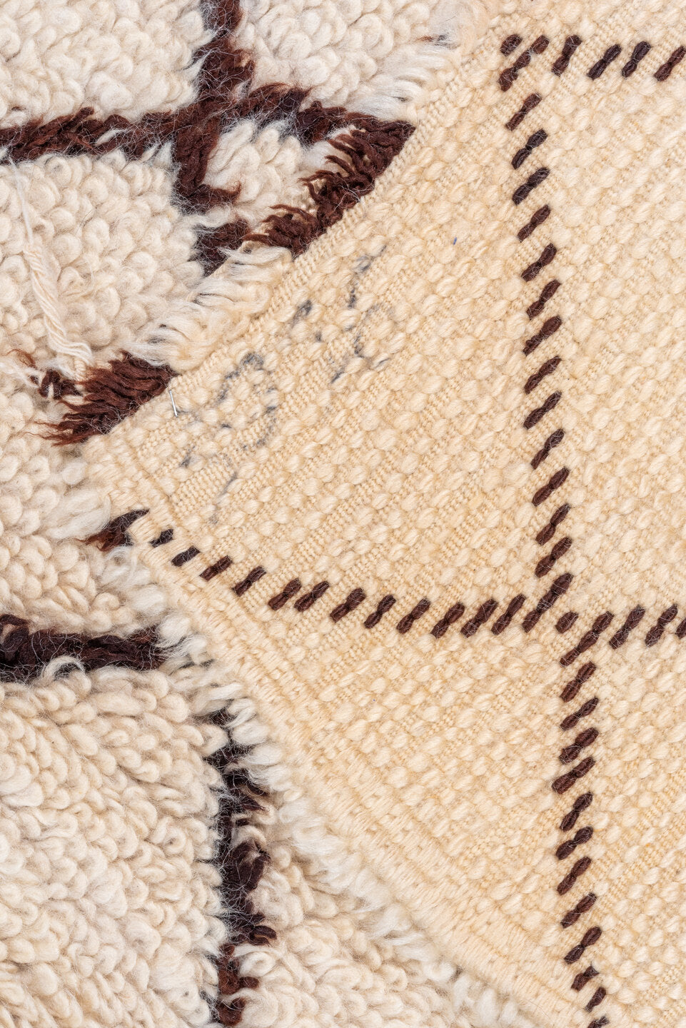 7' x 13' one-of-a-kind handmade vintage Moroccan large size rug. Color palette: antiquewhite, brown, gray, light gray, linen