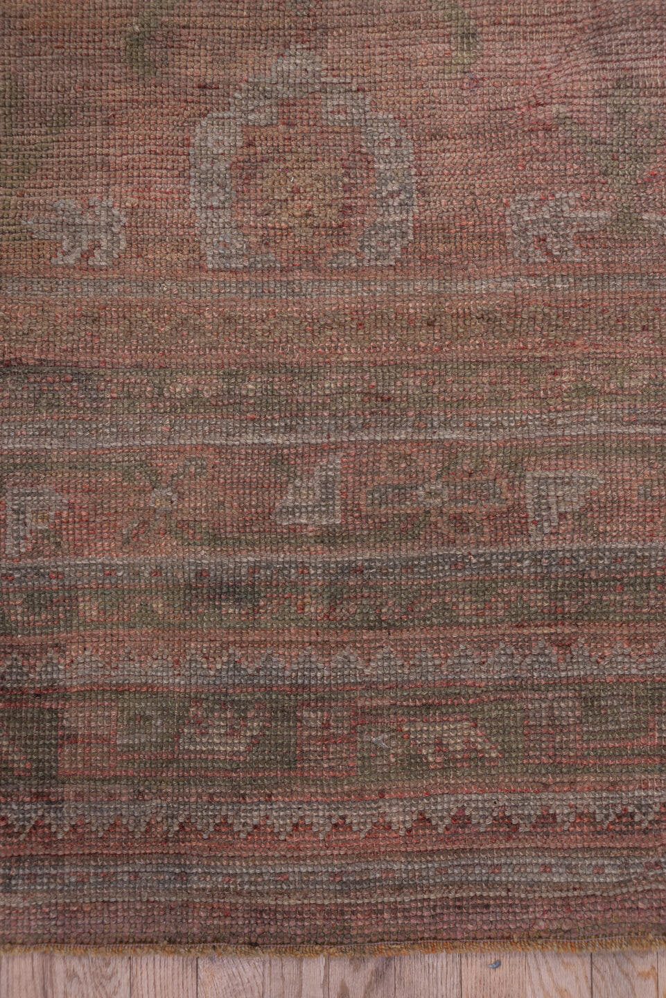 3' x 14' one-of-a-kind handmade vintage Tulu runner rug. Color palette: rose, taupe, dusty pink, camel, ivory, sage, brown