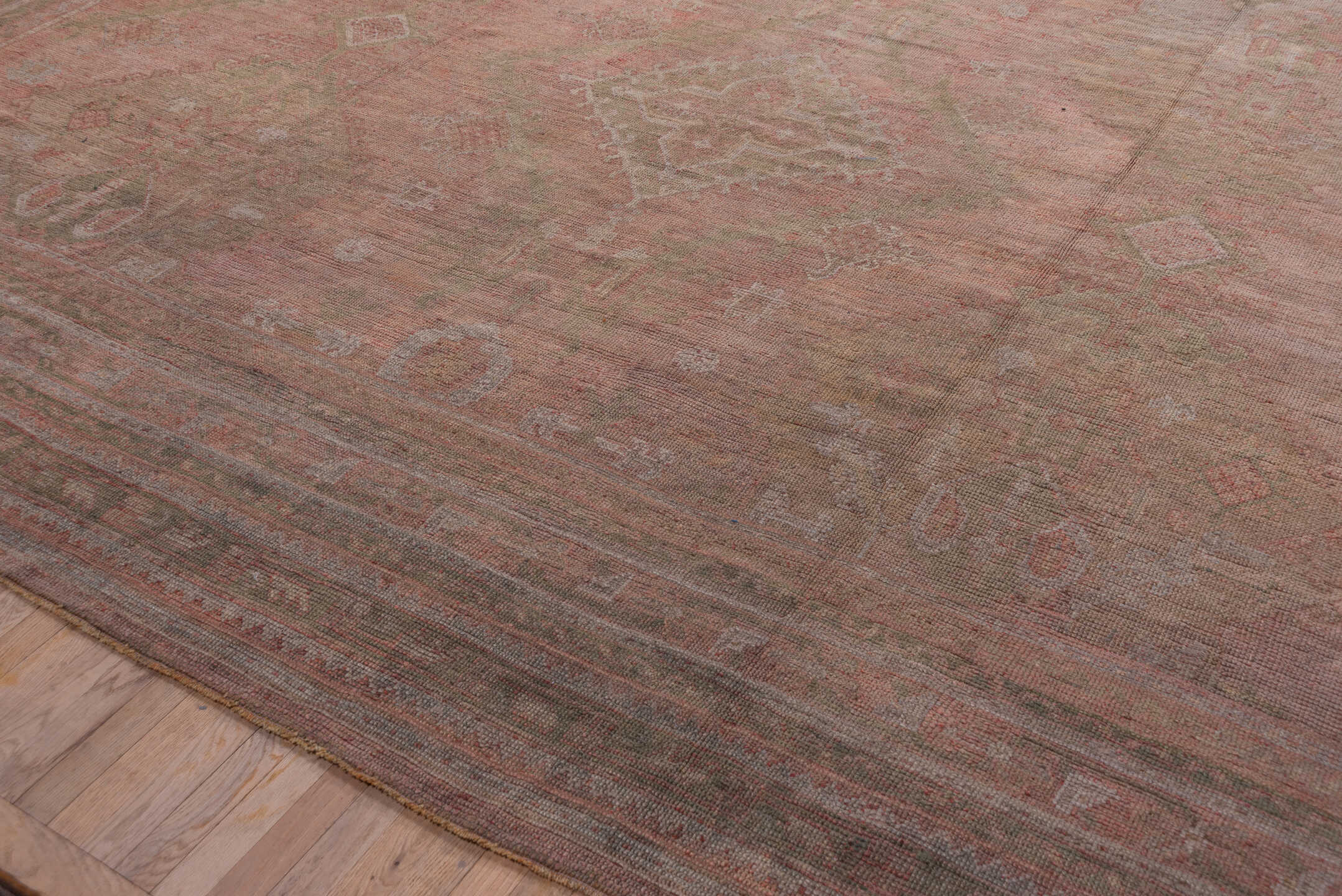 3' x 14' one-of-a-kind handmade vintage Tulu runner rug. Color palette: rose, taupe, dusty pink, camel, ivory, sage, brown