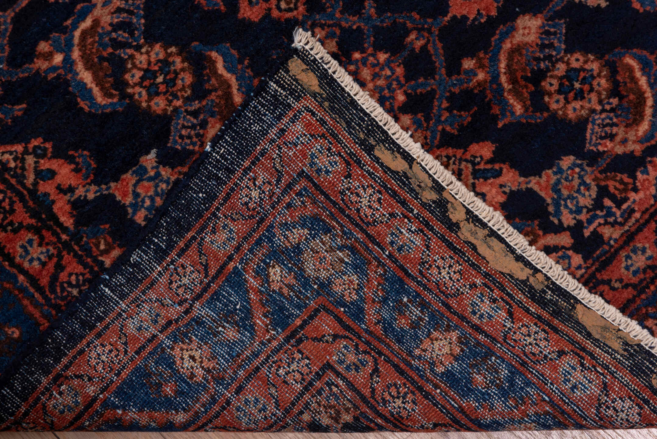 9' x 11' one-of-a-kind handmade vintage Afghan large size rug. Color palette: navy, rust, terra cotta, indigo, camel, blue