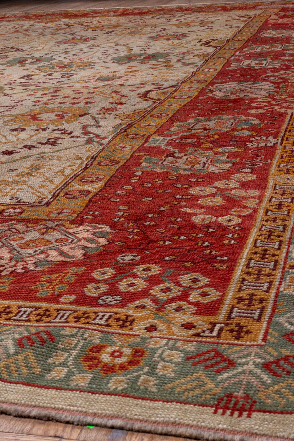 8' x 12' one-of-a-kind handmade vintage Kilim large size rug. Color palette: ivory, red, sage, camel, rust, taupe, burgundy