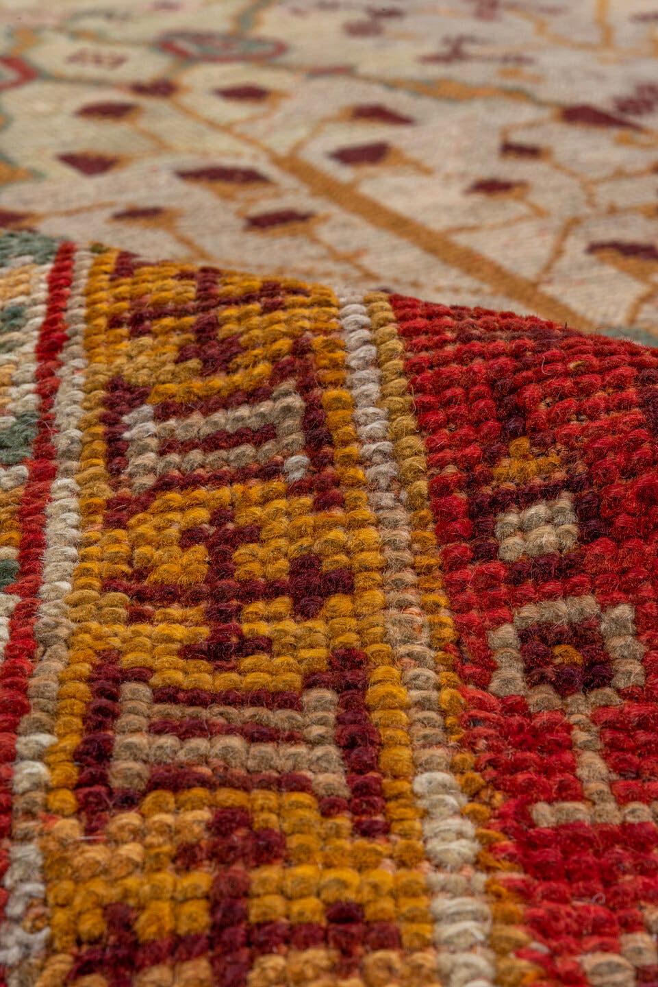 8' x 12' one-of-a-kind handmade vintage Kilim large size rug. Color palette: ivory, red, sage, camel, rust, taupe, burgundy