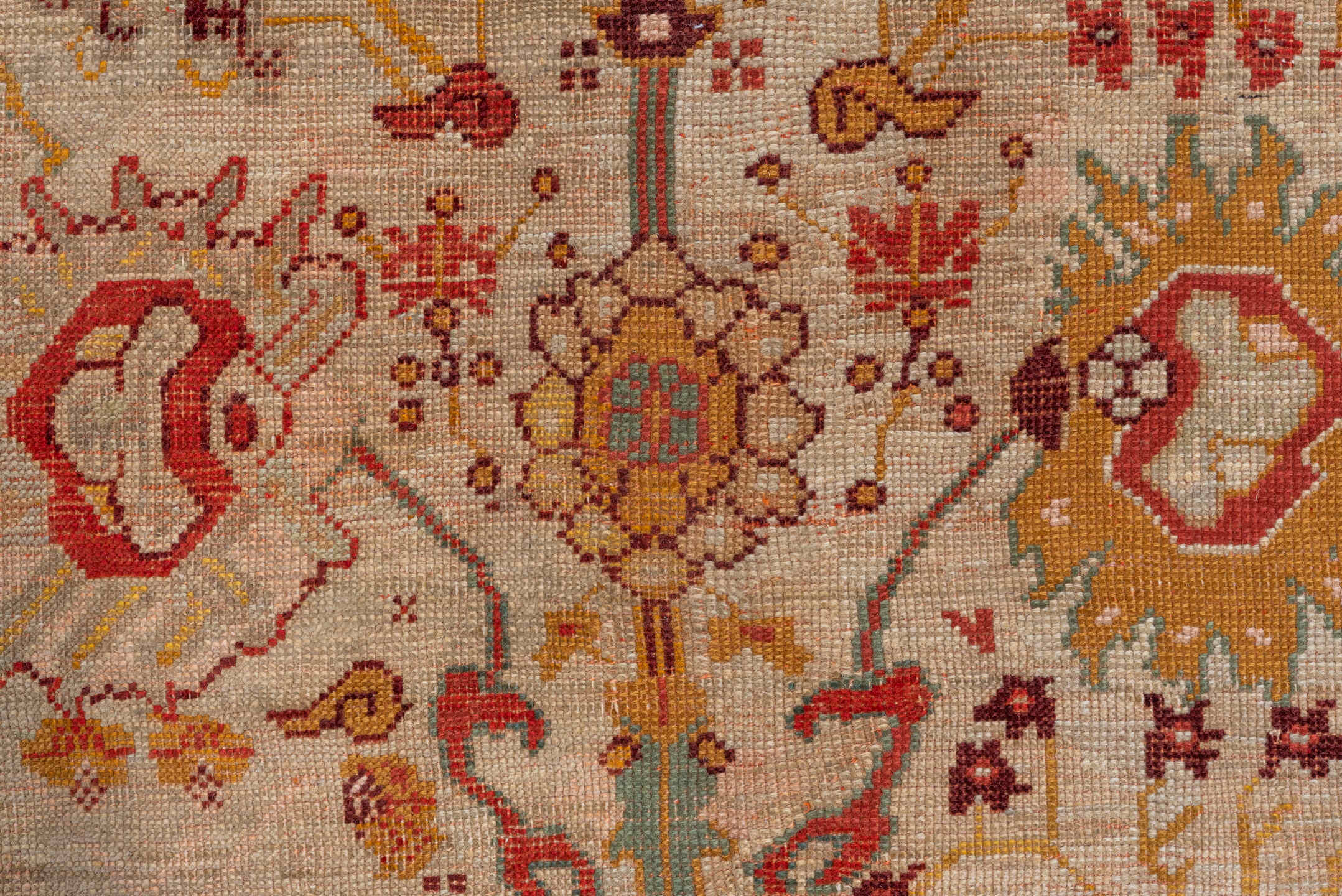 8' x 12' one-of-a-kind handmade vintage Kilim large size rug. Color palette: ivory, red, sage, camel, rust, taupe, burgundy