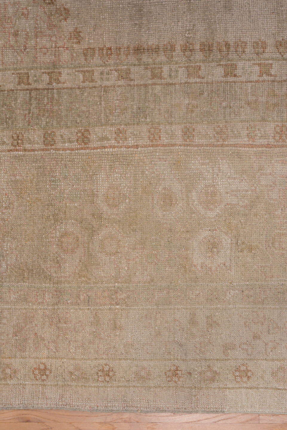12' x 15' one-of-a-kind handmade vintage Kilim oversize rug. Color palette: ivory, blush, taupe, sand, pale rose, beige
