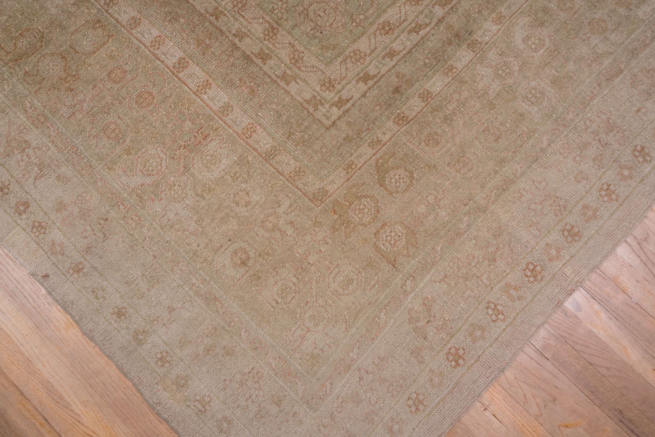 12' x 15' one-of-a-kind handmade vintage Kilim oversize rug. Color palette: ivory, blush, taupe, sand, pale rose, beige