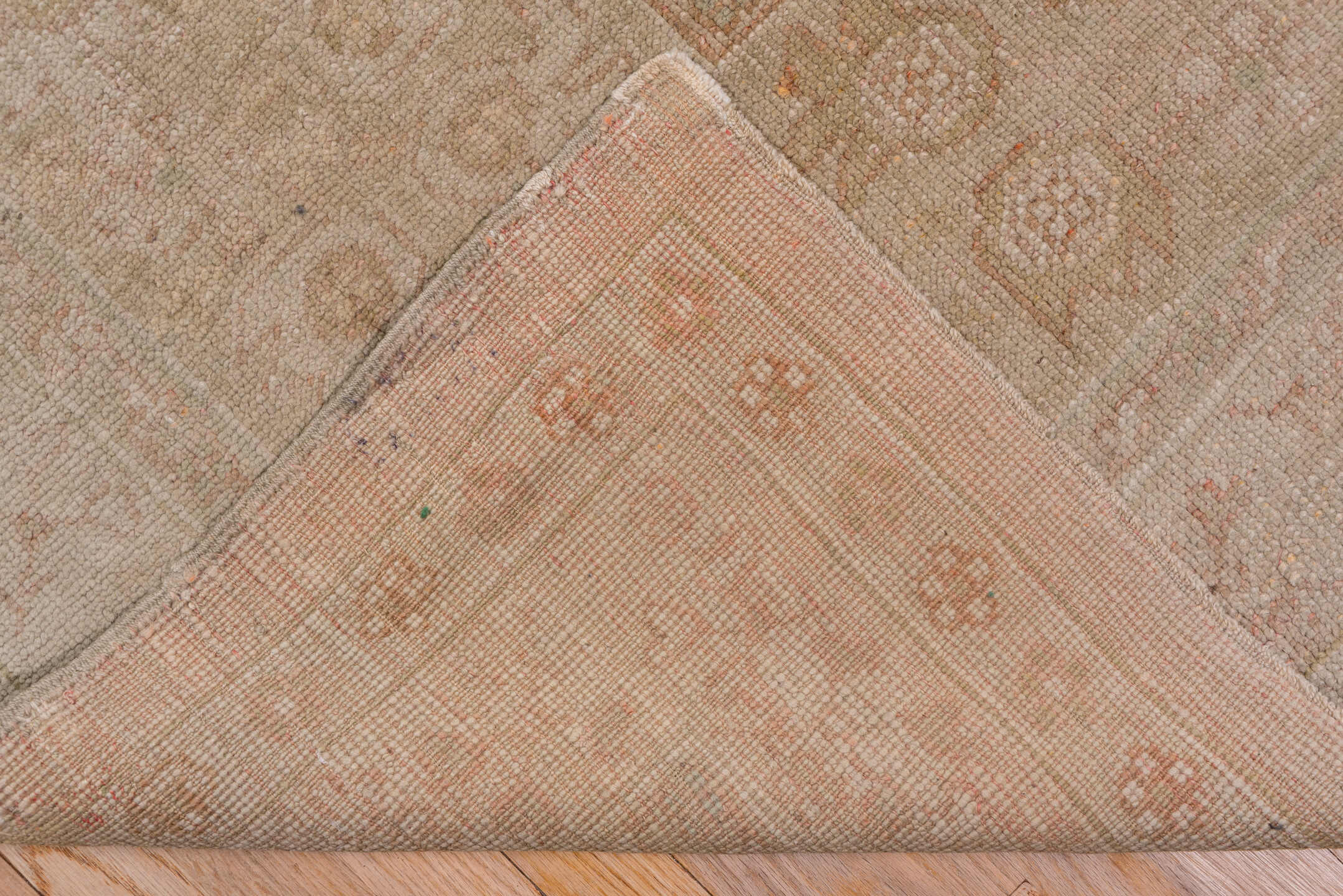 12' x 15' one-of-a-kind handmade vintage Kilim oversize rug. Color palette: ivory, blush, taupe, sand, pale rose, beige