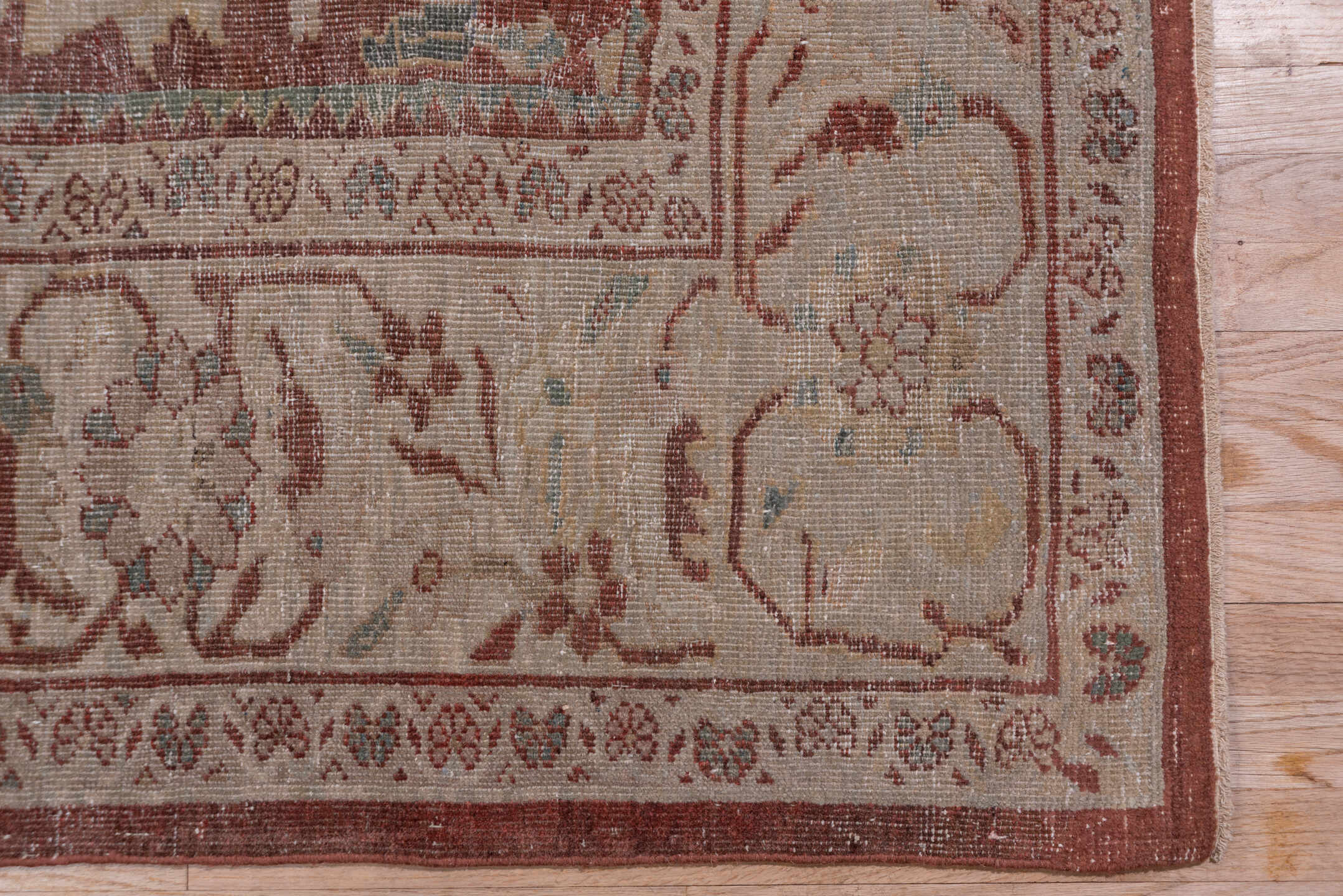 10' x 14' one-of-a-kind handmade vintage Sultanabad large size rug. Color palette: brown, gray, pink, red, redwood