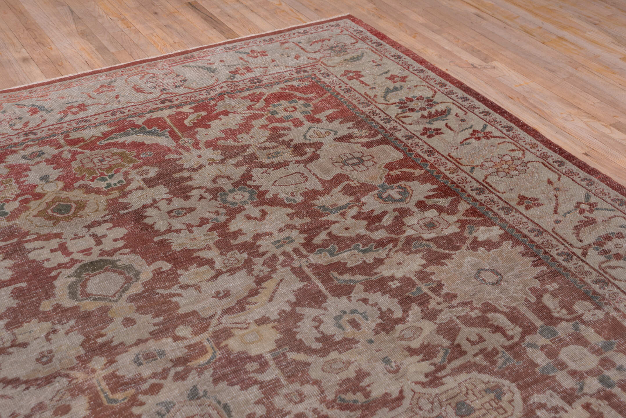 10' x 14' one-of-a-kind handmade vintage Sultanabad large size rug. Color palette: brown, gray, pink, red, redwood