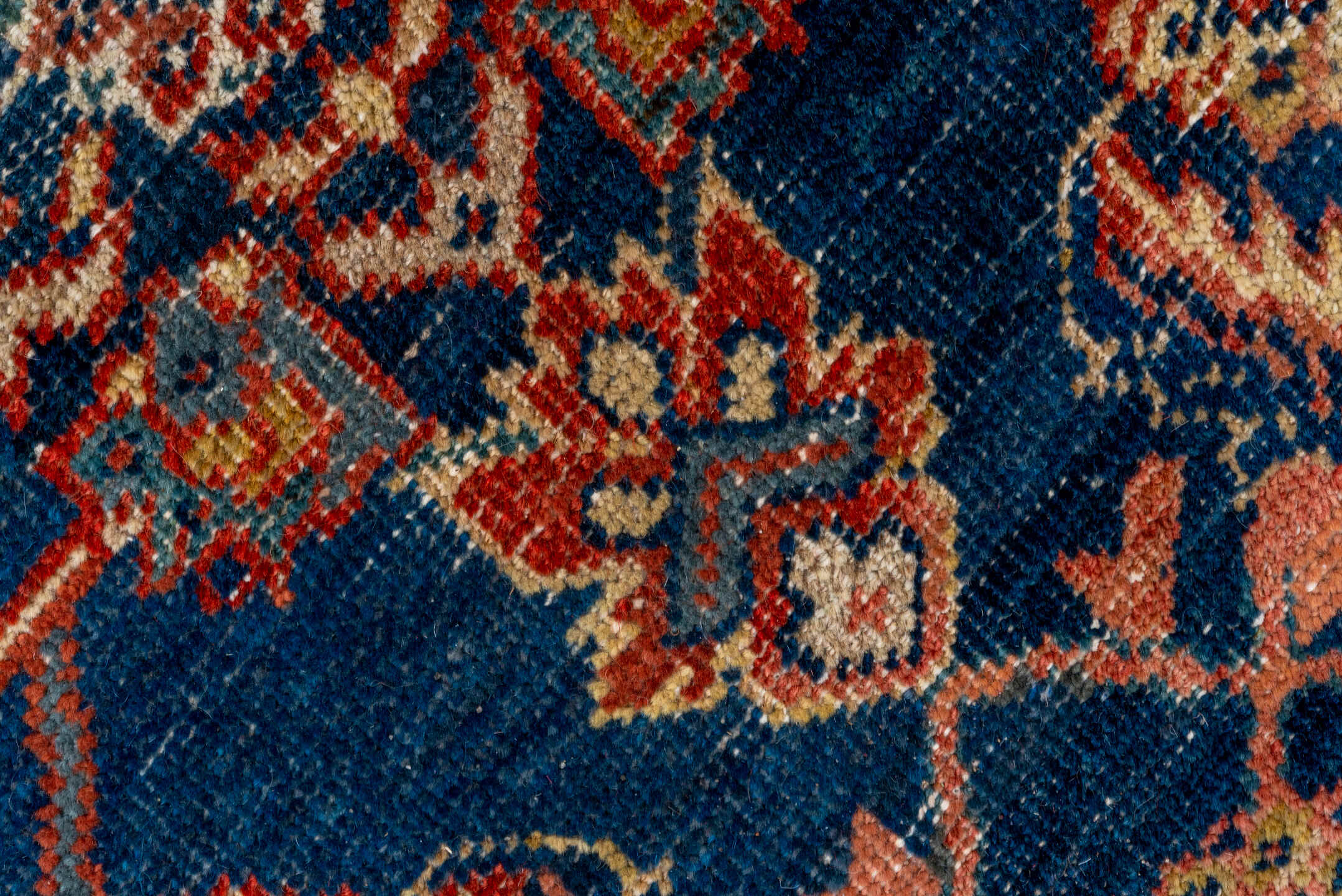 14' x 17' one-of-a-kind handmade vintage Tulu oversize rug. Color palette: navy, terracotta, ivory, rust, camel, slate