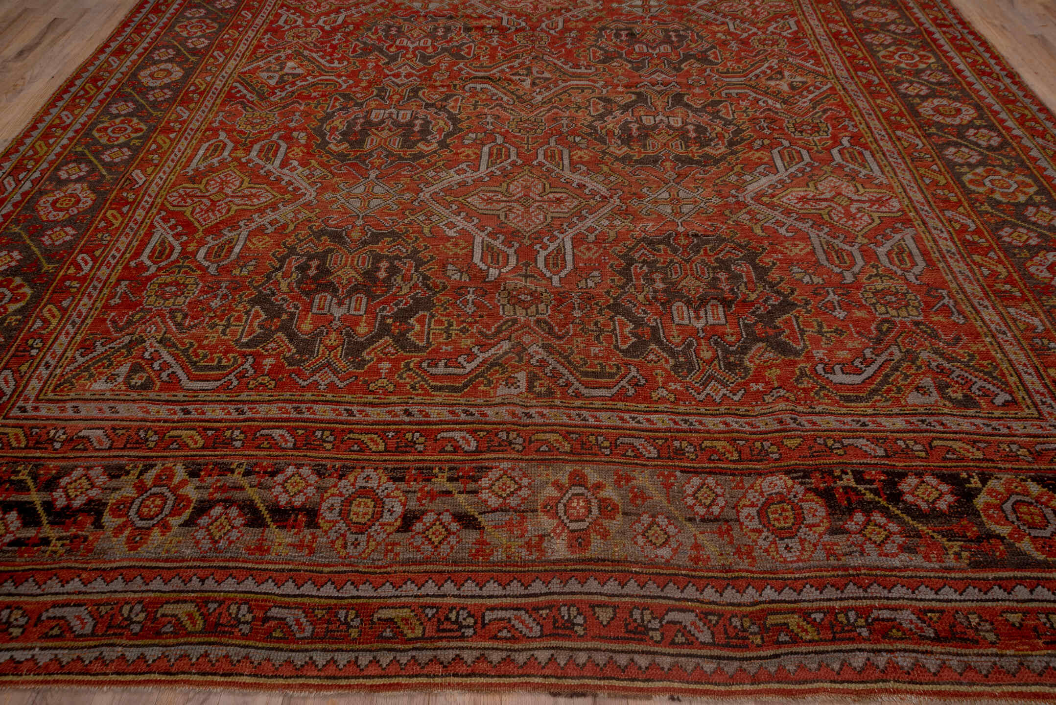 12' x 13' one-of-a-kind handmade vintage Oushak oversize rug. Color palette: brown, gray, pink, red