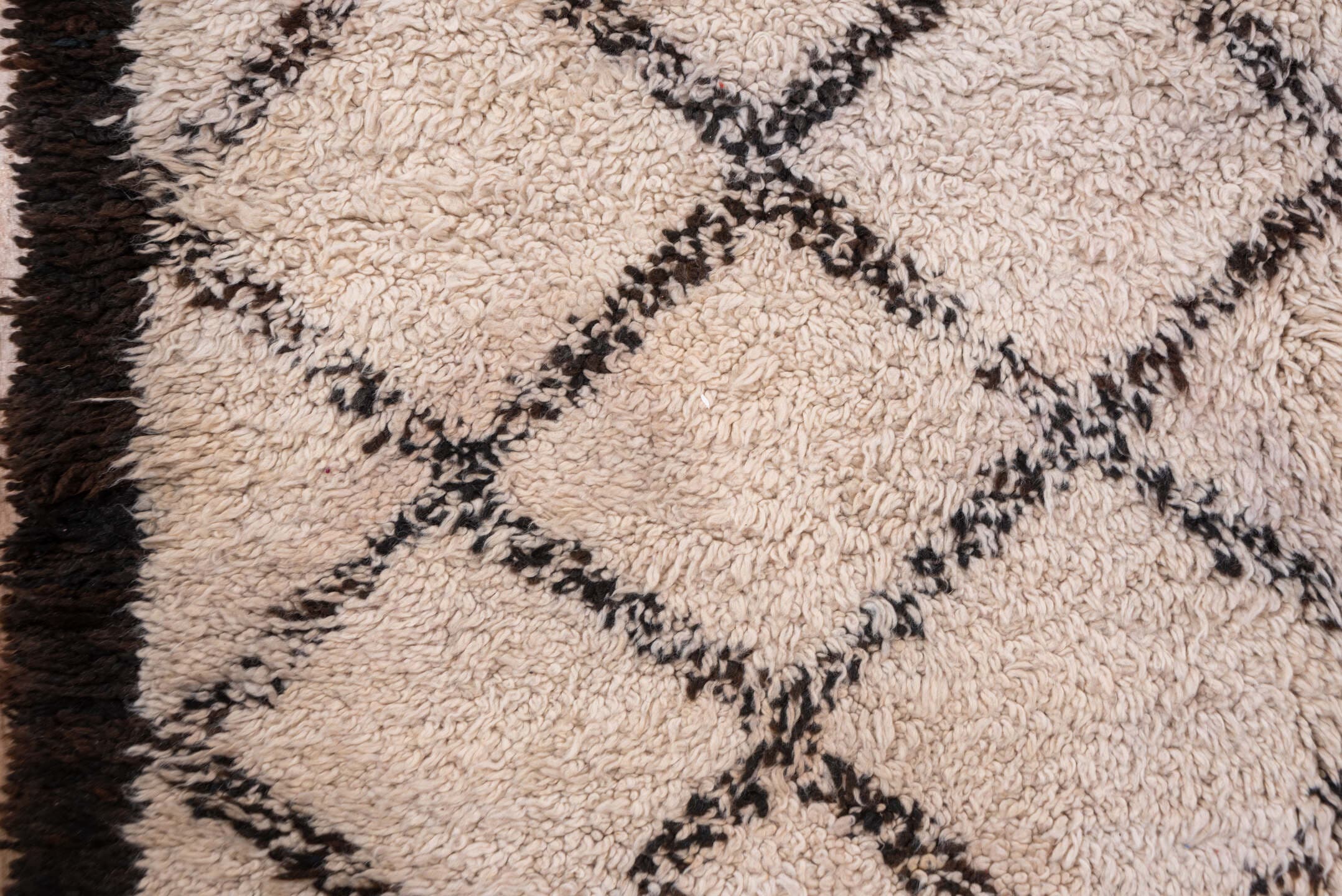 5' x 14' one-of-a-kind handmade vintage Moroccan rug. Color palette: ivory, charcoal, brown, cream, gray, black