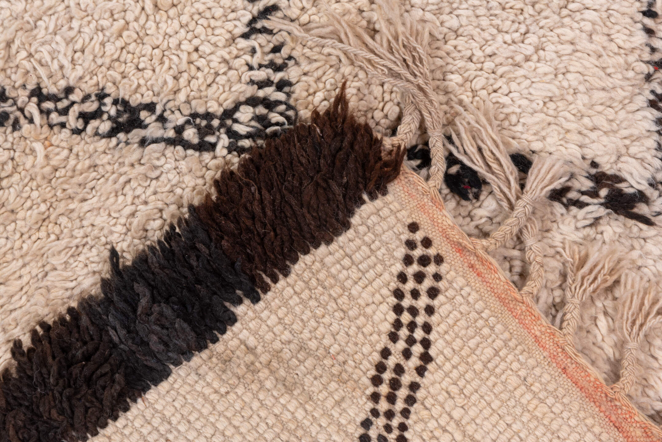 5' x 14' one-of-a-kind handmade vintage Moroccan rug. Color palette: brown, gray, light gray, off-white, pink