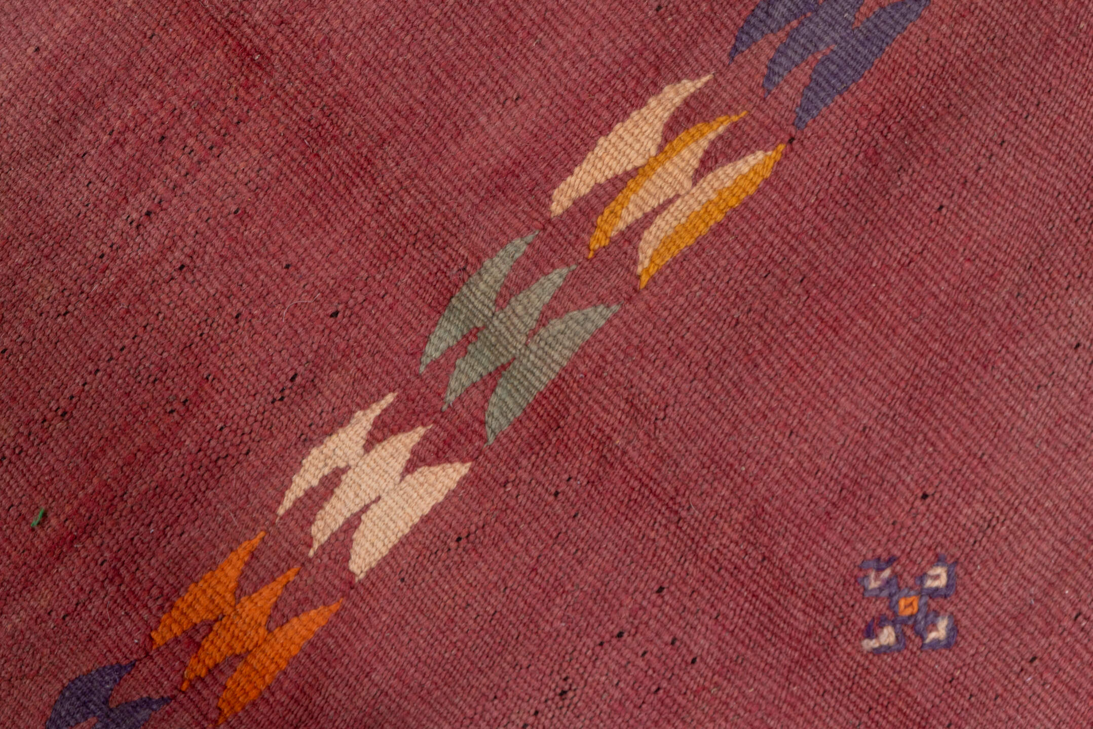 5' x 12' one-of-a-kind handmade vintage Kilim rug. Color palette: brown, gray, light gray, orange, pink, red