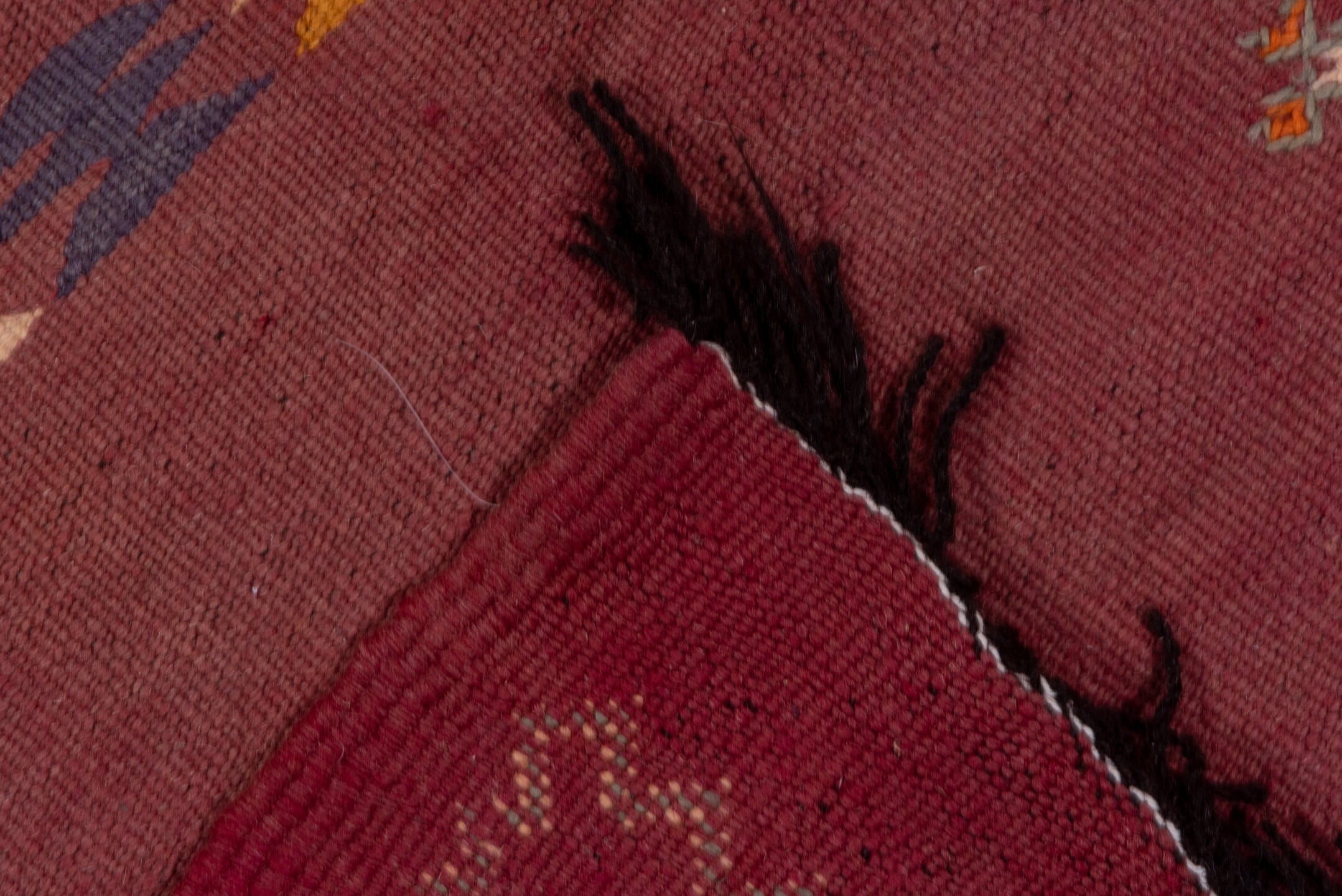 5' x 12' one-of-a-kind handmade vintage Kilim rug. Color palette: brown, gray, light gray, orange, pink, red