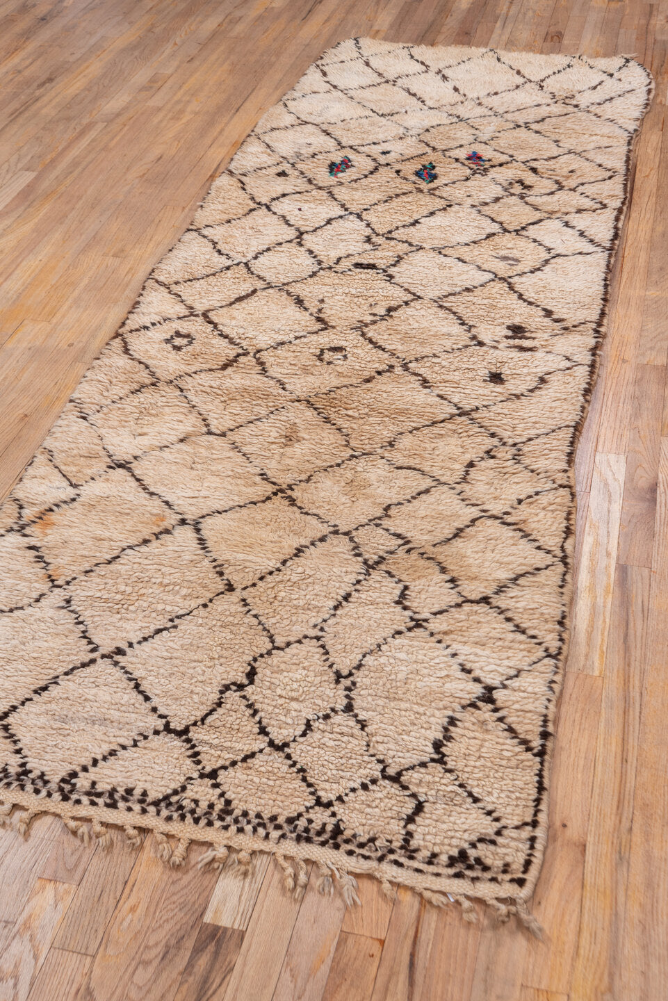 3' x 9' one-of-a-kind handmade vintage Moroccan runner rug. Color palette: brown, gray, off-white, pink, snow, white