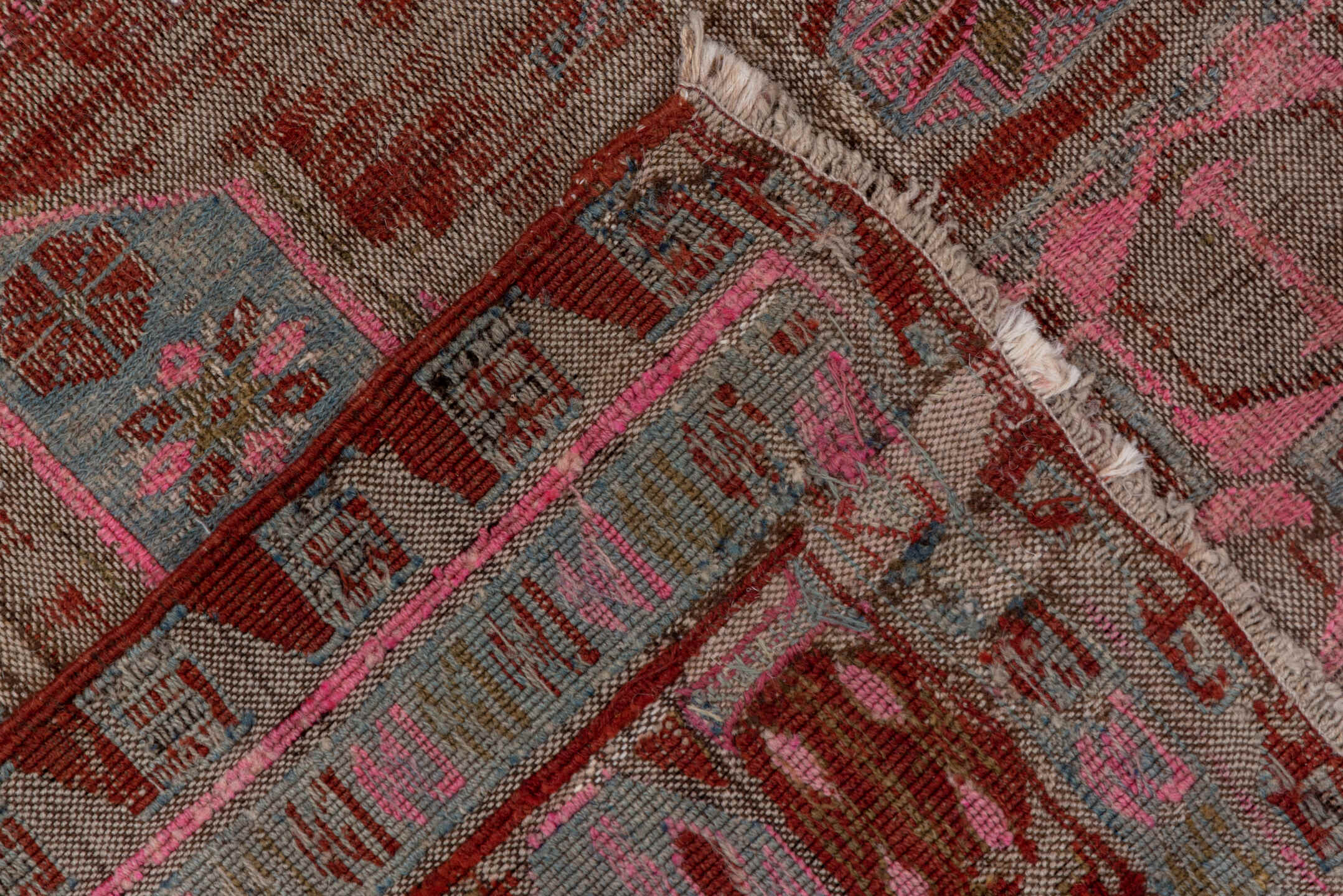 11' x 15' one-of-a-kind handmade vintage Kilim oversize rug. Color palette: rose, brick red, taupe, dusty pink, brown