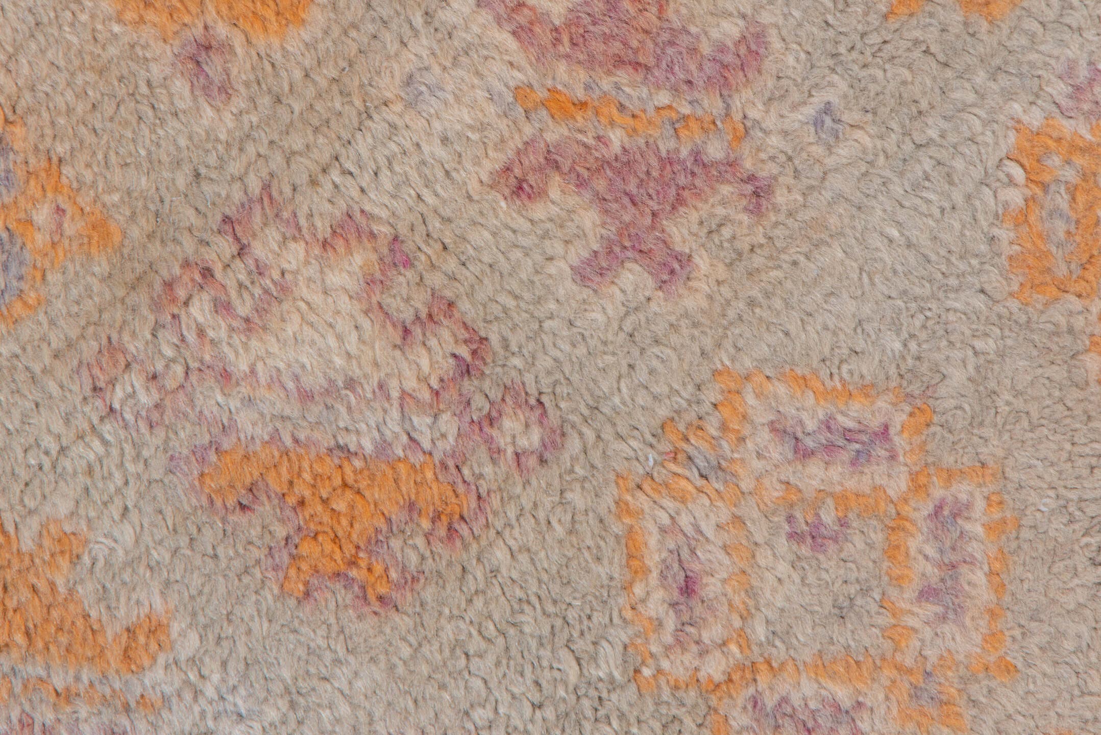 3' x 5' one-of-a-kind handmade vintage Moroccan small size rug. Color palette: ivory, saffron, taupe, rose, lavender, brown