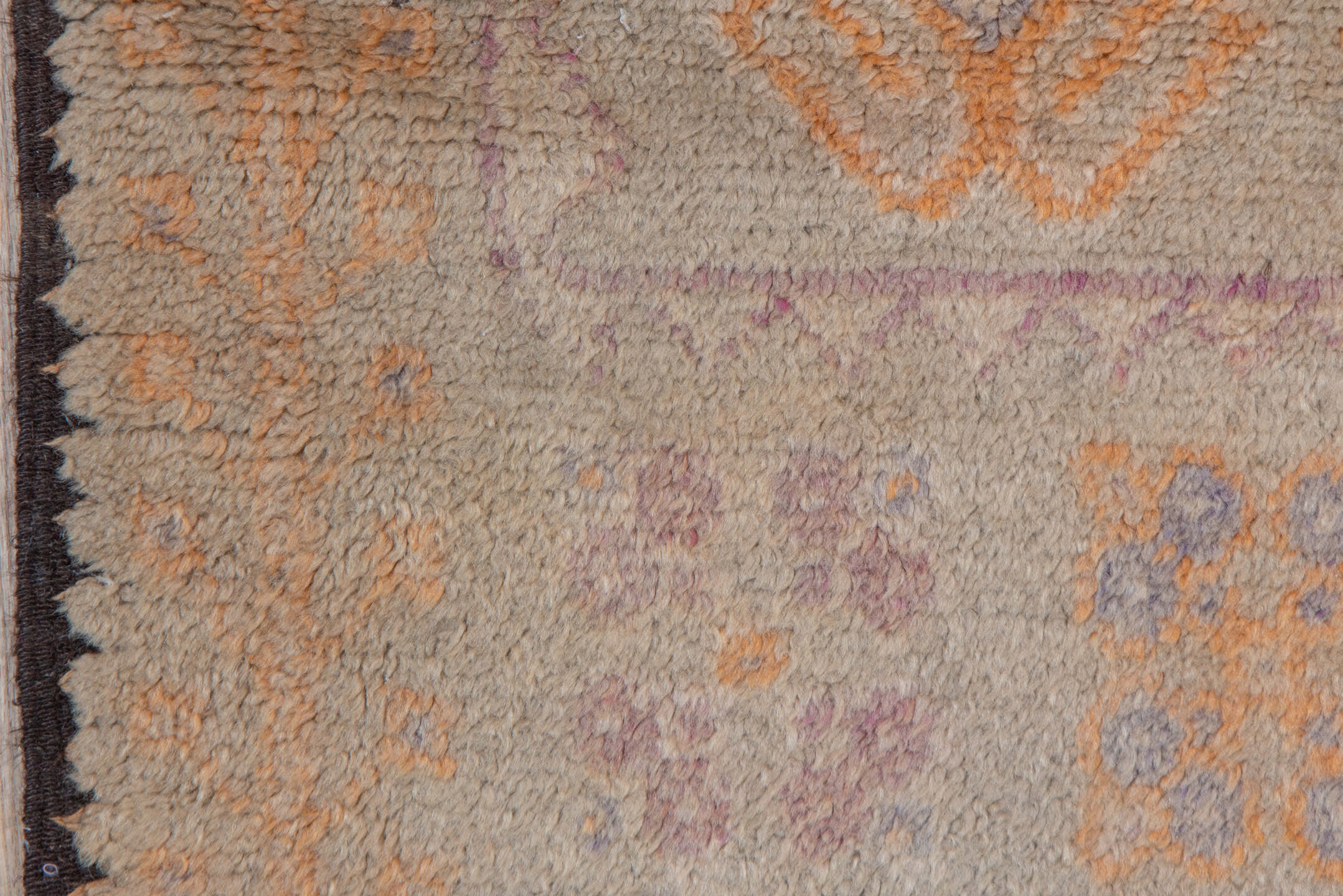 3' x 5' one-of-a-kind handmade vintage Moroccan small size rug. Color palette: ivory, saffron, taupe, rose, lavender, brown