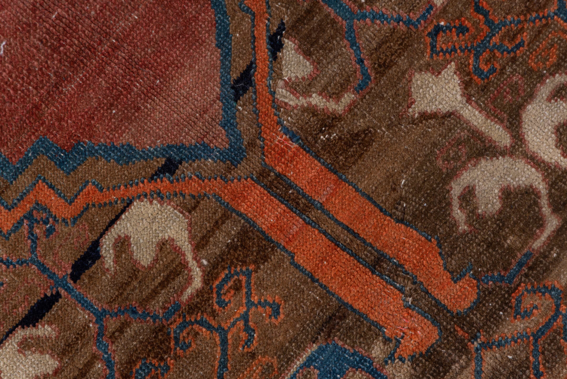 7' x 12' one-of-a-kind handmade antique Bakhshayesh large size rug. Color palette: terra cotta, ivory, cobalt, rust, taupe