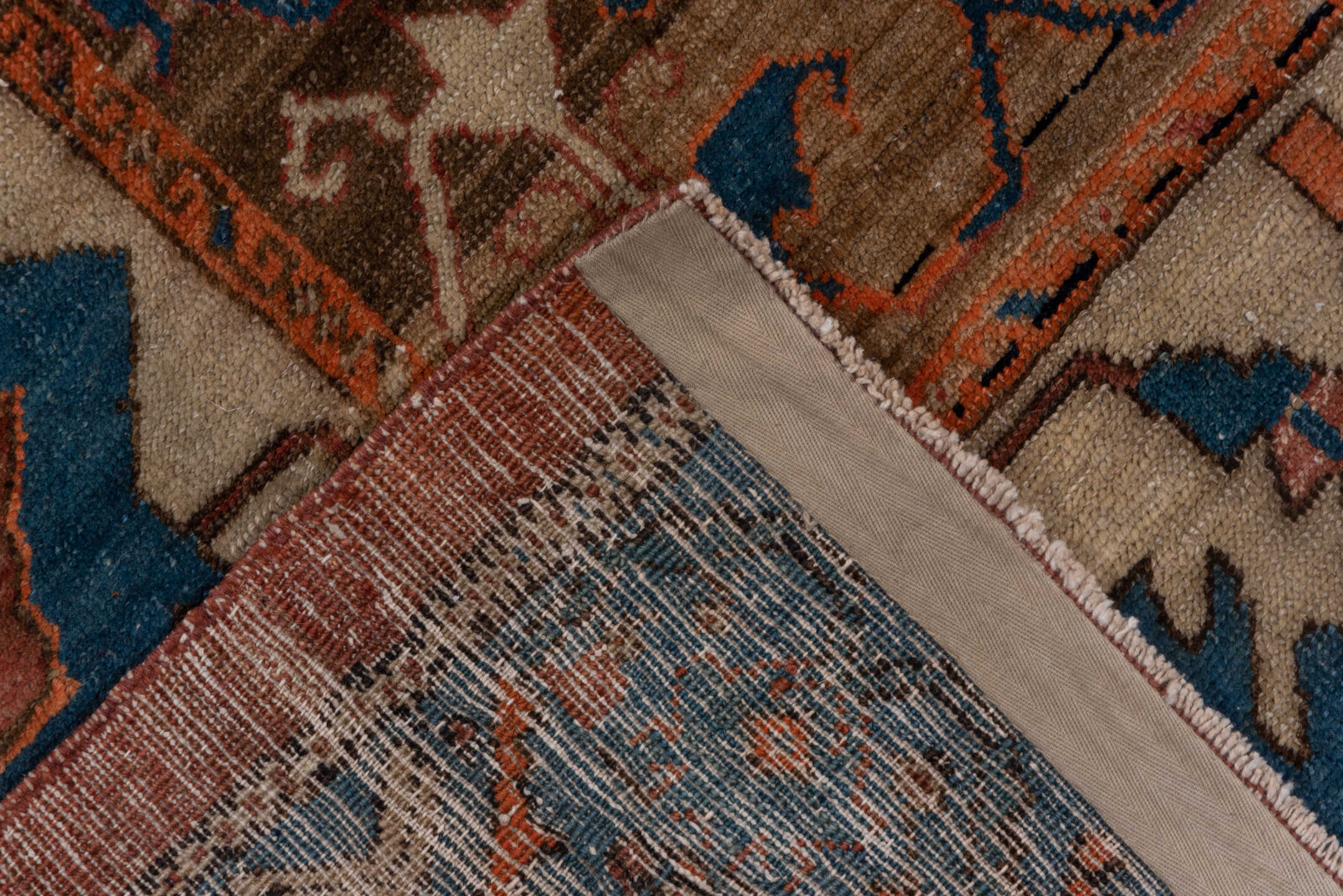 7' x 12' one-of-a-kind handmade antique Bakhshayesh large size rug. Color palette: terra cotta, ivory, cobalt, rust, taupe