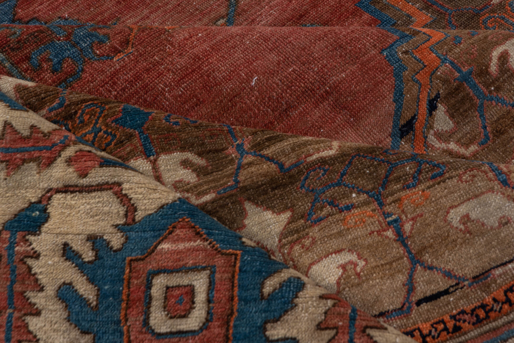 7' x 12' one-of-a-kind handmade antique Bakhshayesh large size rug. Color palette: terra cotta, ivory, cobalt, rust, taupe
