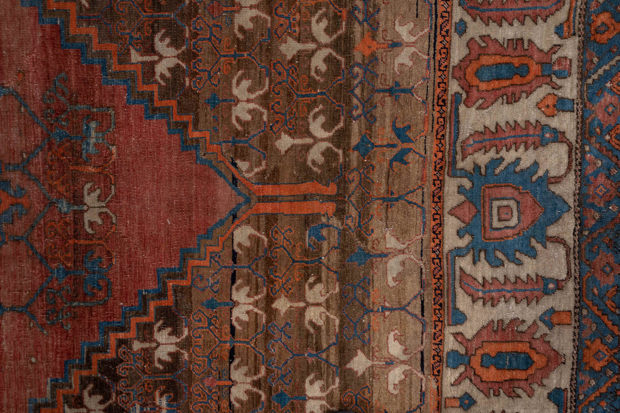 7' x 12' one-of-a-kind handmade antique Bakhshayesh large size rug. Color palette: terra cotta, ivory, cobalt, rust, taupe