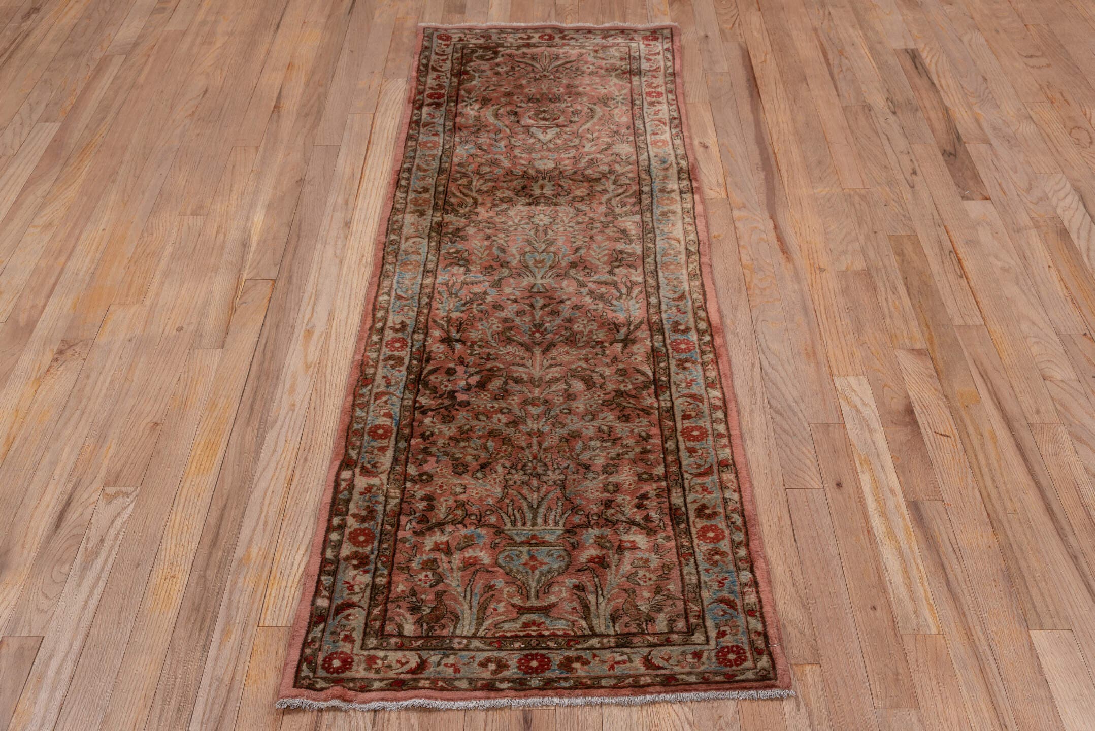 2' x 6' one-of-a-kind handmade antique Kashan runner rug. Color palette: rose, ivory, rust, brown, sky_blue, taupe, charcoal