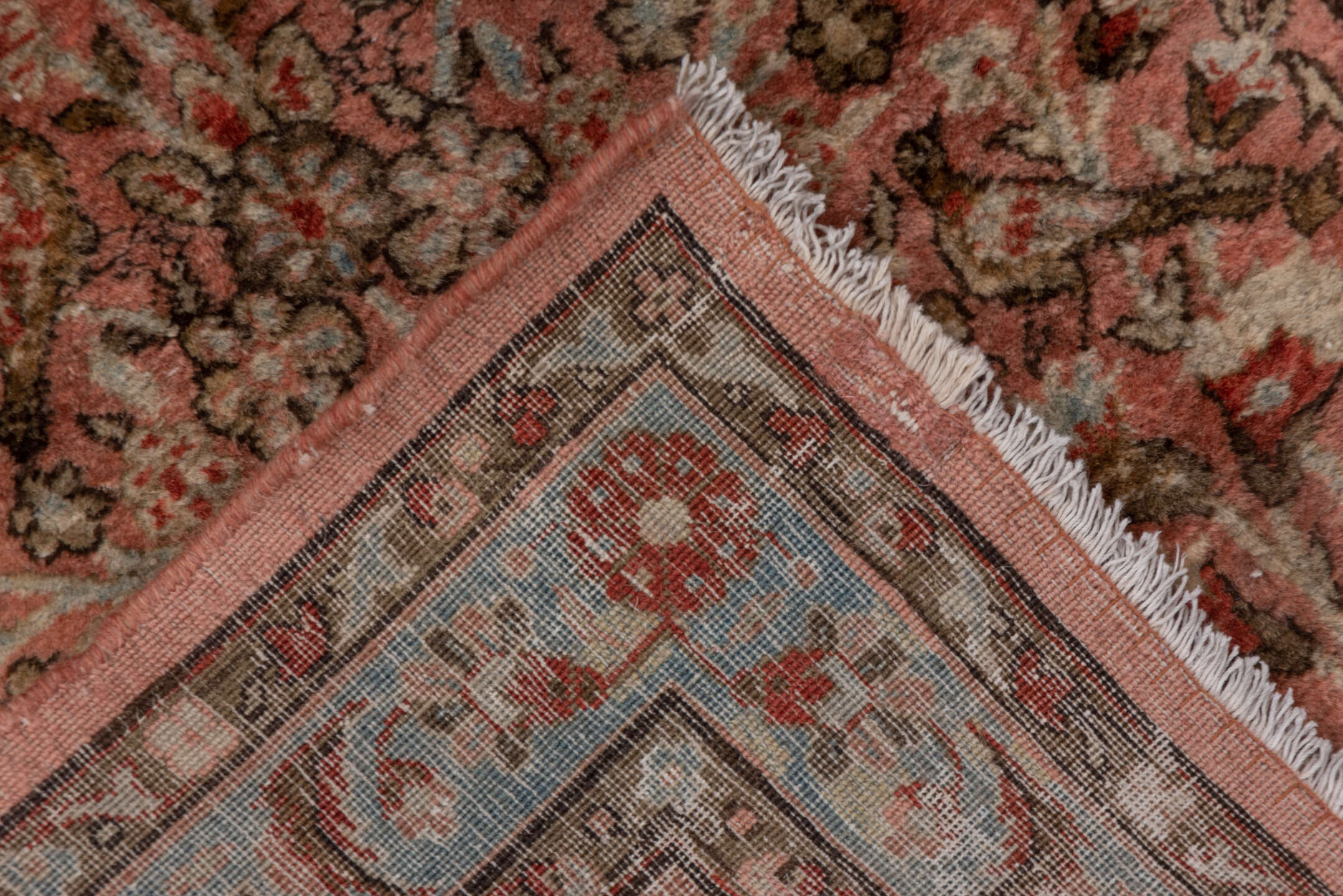 2' x 6' one-of-a-kind handmade vintage Kashan runner rug. Color palette: brown, gray, pink, red
